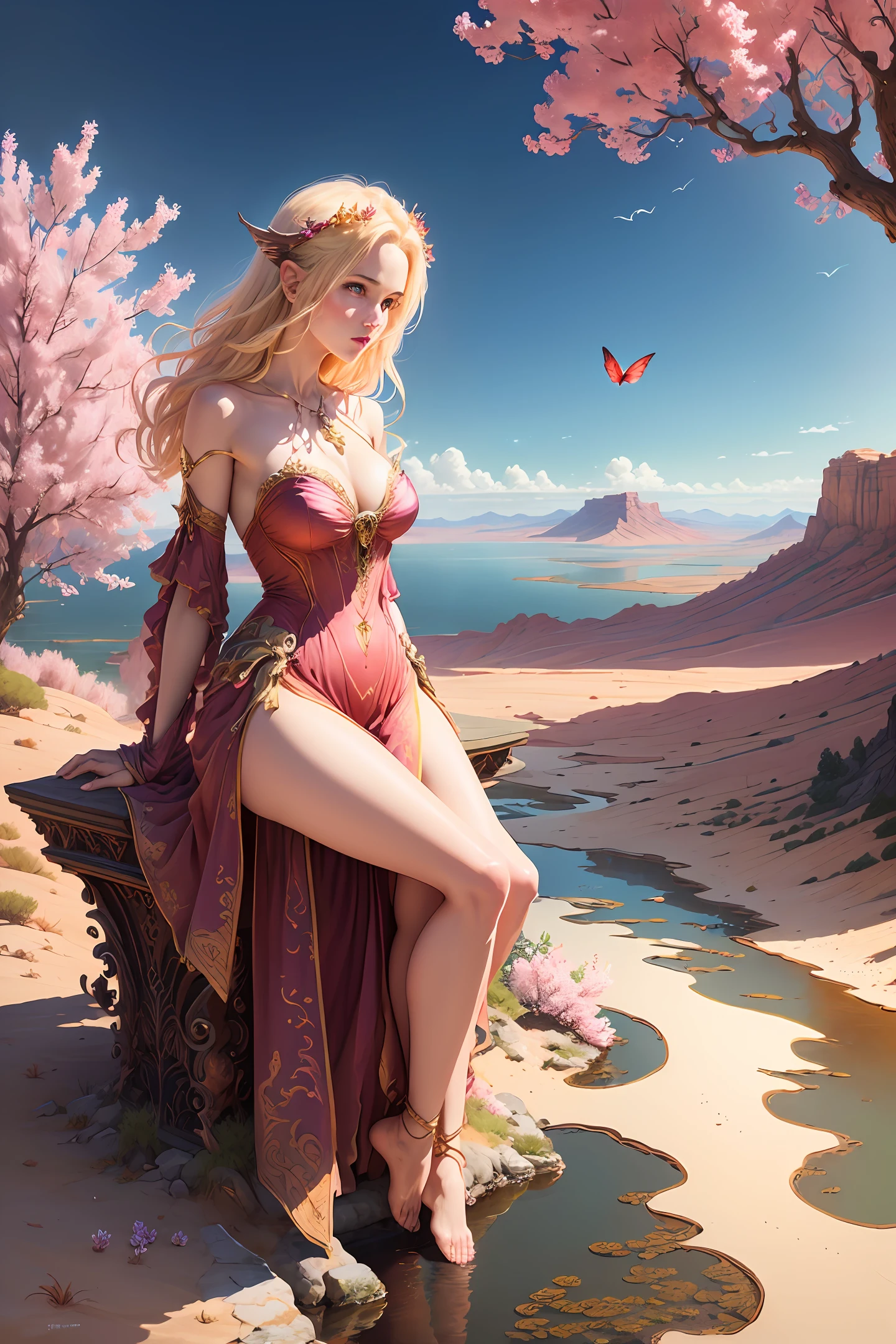 ((best quality)), ((masterpiece)), (detailed), blonde, red dress, desert landscape, alluring succubus, ethereal beauty, perched on a pink blossom tree, (fantasy illustration:1.3), enchanting gaze, captivating pose, solo girl, delicate butterfly wings, otherworldly charm, mystical sky, (Luis Royo:1.2), (Yoshitaka Amano:1.1), moonlit morning, soft colors, (detailed cloudscape:1.3), (high-resolution:1.2) (dragon flying in the sky) dress, legs dangling above pond, greek goddess, realistic, realism, sexy body, desert landscape,