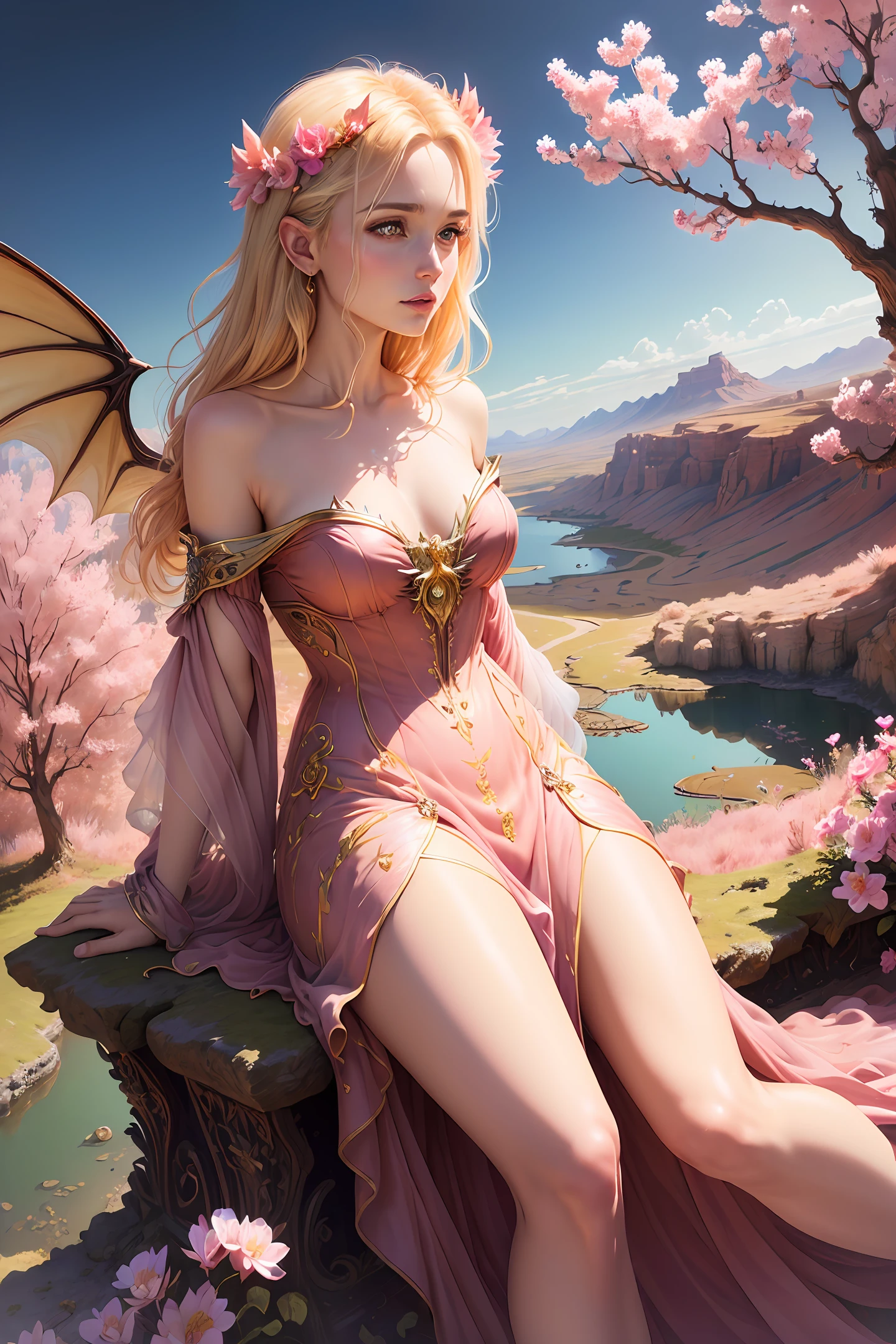 ((best quality)), ((masterpiece)), (detailed), blonde, red dress, desert landscape, alluring succubus, ethereal beauty, perched on a pink blossom tree, (fantasy illustration:1.3), enchanting gaze, captivating pose, solo girl, delicate butterfly wings, otherworldly charm, mystical sky, (Luis Royo:1.2), (Yoshitaka Amano:1.1), moonlit morning, soft colors, (detailed cloudscape:1.3), (high-resolution:1.2) (dragon flying in the sky) dress, legs dangling above pond, greek goddess, realistic, realism, sexy body, desert landscape,