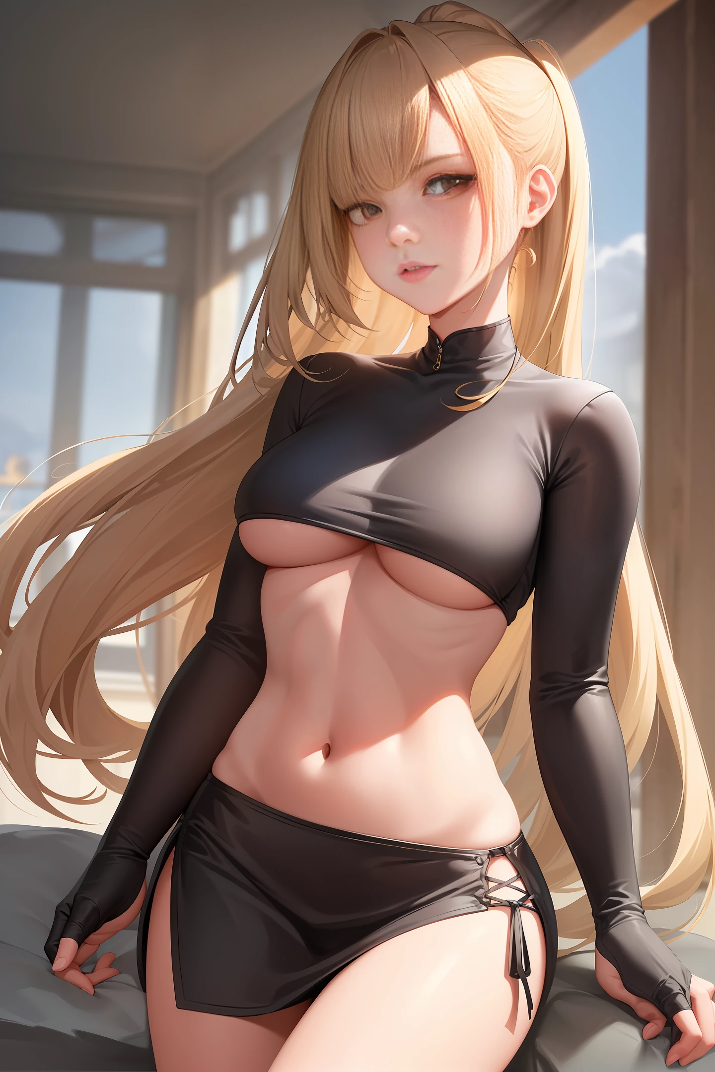 (Best Quality, Masterpiece: 1.4), (Realism: 1.2), (Realistic: 1.2), (Absurd: 1.2), 4K, Detailed, Ultra Detailed, Digital Art, Detailed Faces, (Ultra Detailed Eyes: 1.2) , indoors, micro bikini, midriff, lower midriff, vintage window, (face focus: 1.4), (face close-up: 1.2), (very long dark blonde high ponytail: 1.4), (dull bangs: 1.2) , (red eyes: 1.4), (surime): 1.4), (angry: 1.2), viewer, (puffy lips: 1.4), (large breasts: 1.2),