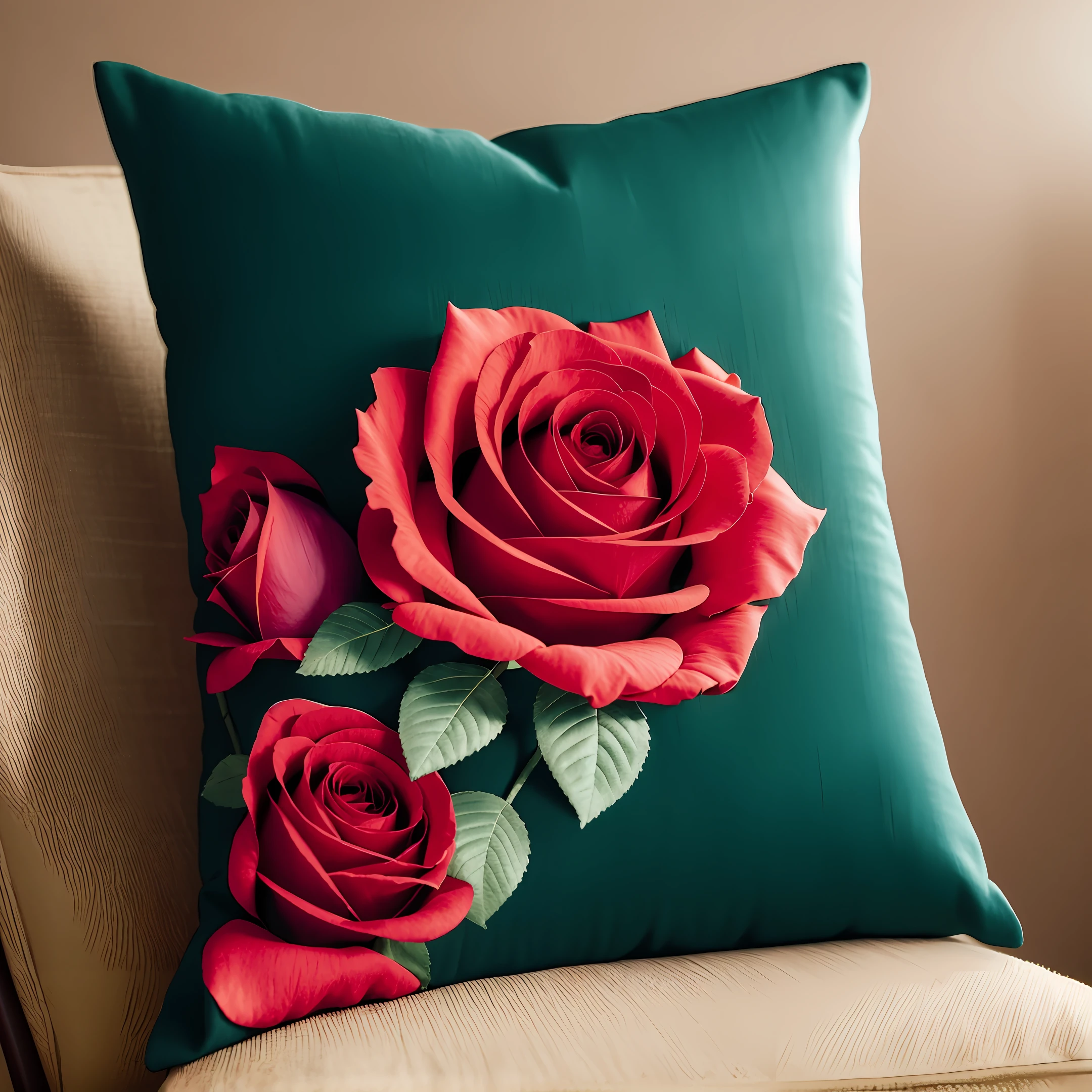 Square throw pillow with big rose pattern, simple background
