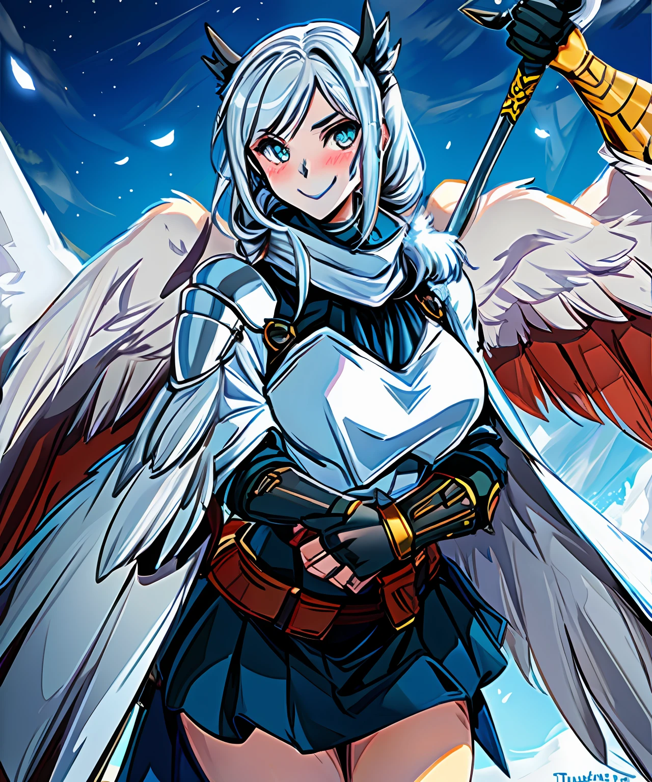 Heroes invincible, western fantasy, (heavy armor, metal reflection, hard, cold), (female, angel wings, smile, 2D blushing), flags flying, looking down on the earth, riding a griffin, (holding a spear, sharp, cold light), daylight, Tyndall effect, cold snow background