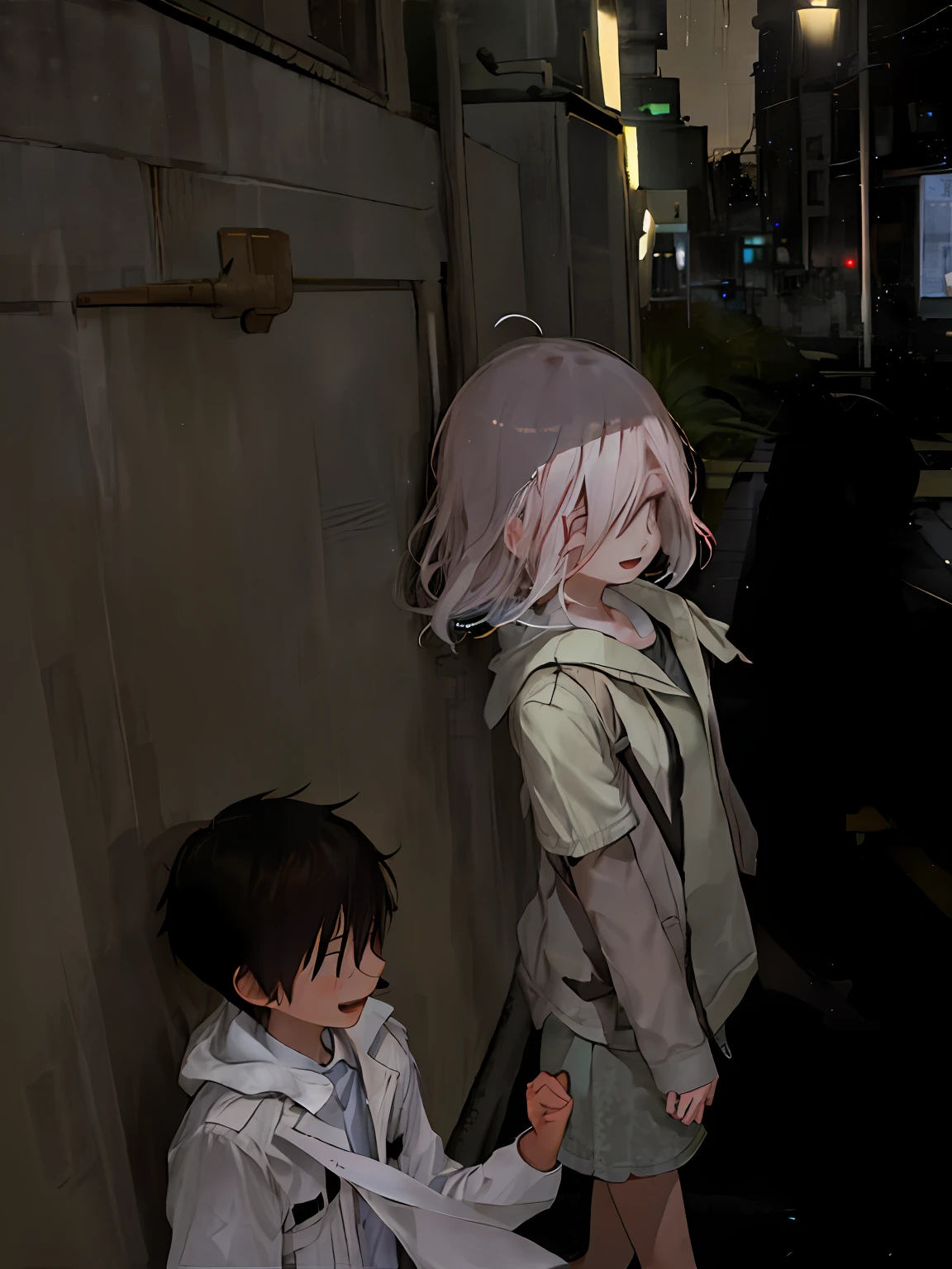A boy and a girl, walking together on the road at night, raining and raining, happy