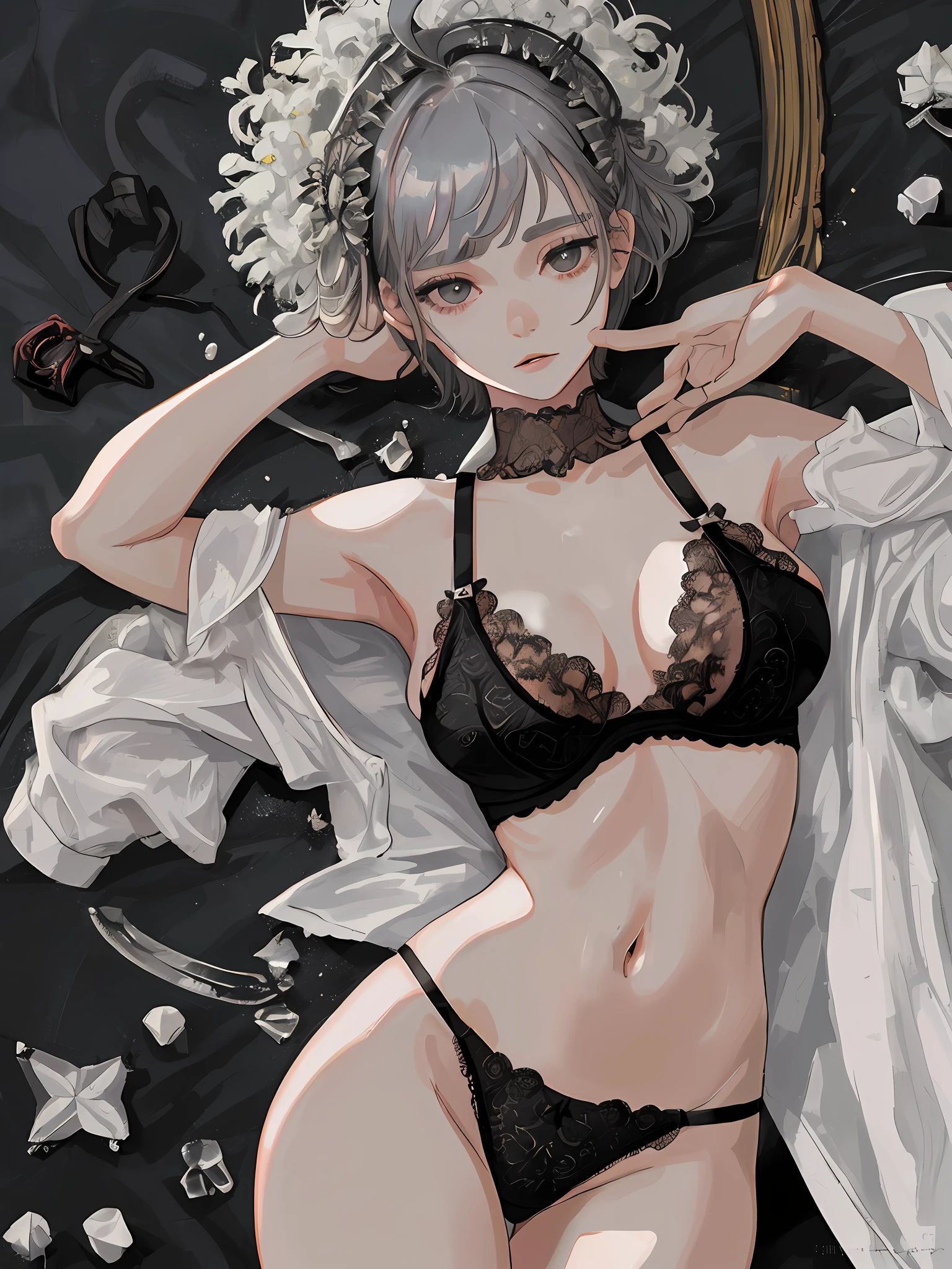 nsfw, (masterpiece, top quality), (one girl), (solo), (female focus), (ahoge, gray hair, short hair), black eyes, (black lace half cup bra), (black high leg panties), wet, slanted eyes, white background, lustful