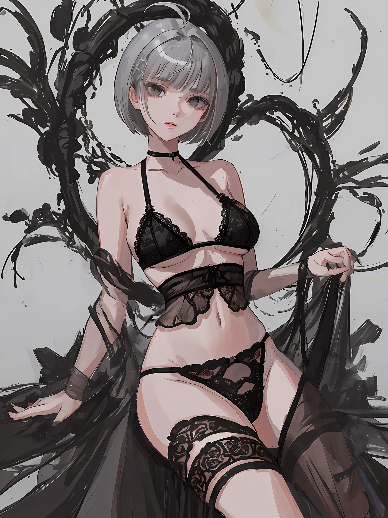 nsfw, (masterpiece, top quality), (one girl), (solo), (female focus), (ahoge, gray hair, short hair), black eyes, (black lace half cup bra), (black high leg panties), wet, slanted eyes, white background, lustful