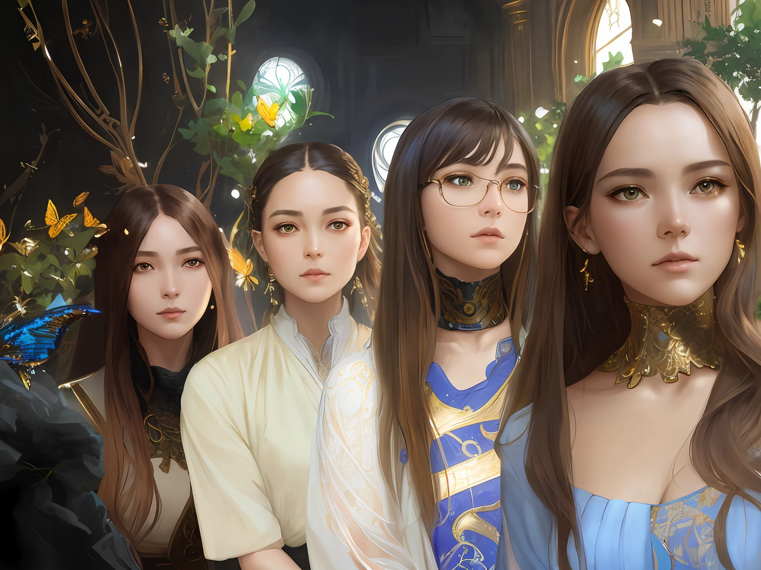Portrait of a beautiful cyborg with 8k brown hair, intricate, elegant, highly detailed, majestic, digital photography, art by artgerm and Ruan Jia and Greg Rutkowski, surreal painting, golden butterfly filigree, broken glass, (masterpiece, side light, delicate beautiful eyes: 1.2), Human Development Report