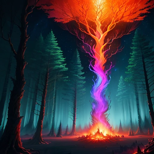 In the burning forest, the trees display a colorful and otherworldly beauty. Inspired by Daarken&#39;s concept art, Artstation contest winner&#39;s background artwork featuring pyres and cosmic trees in the background, a stunning mystical backdrop and colorful trees that bring the forest to life, as standard as official artwork, Beautiful and fantastic.