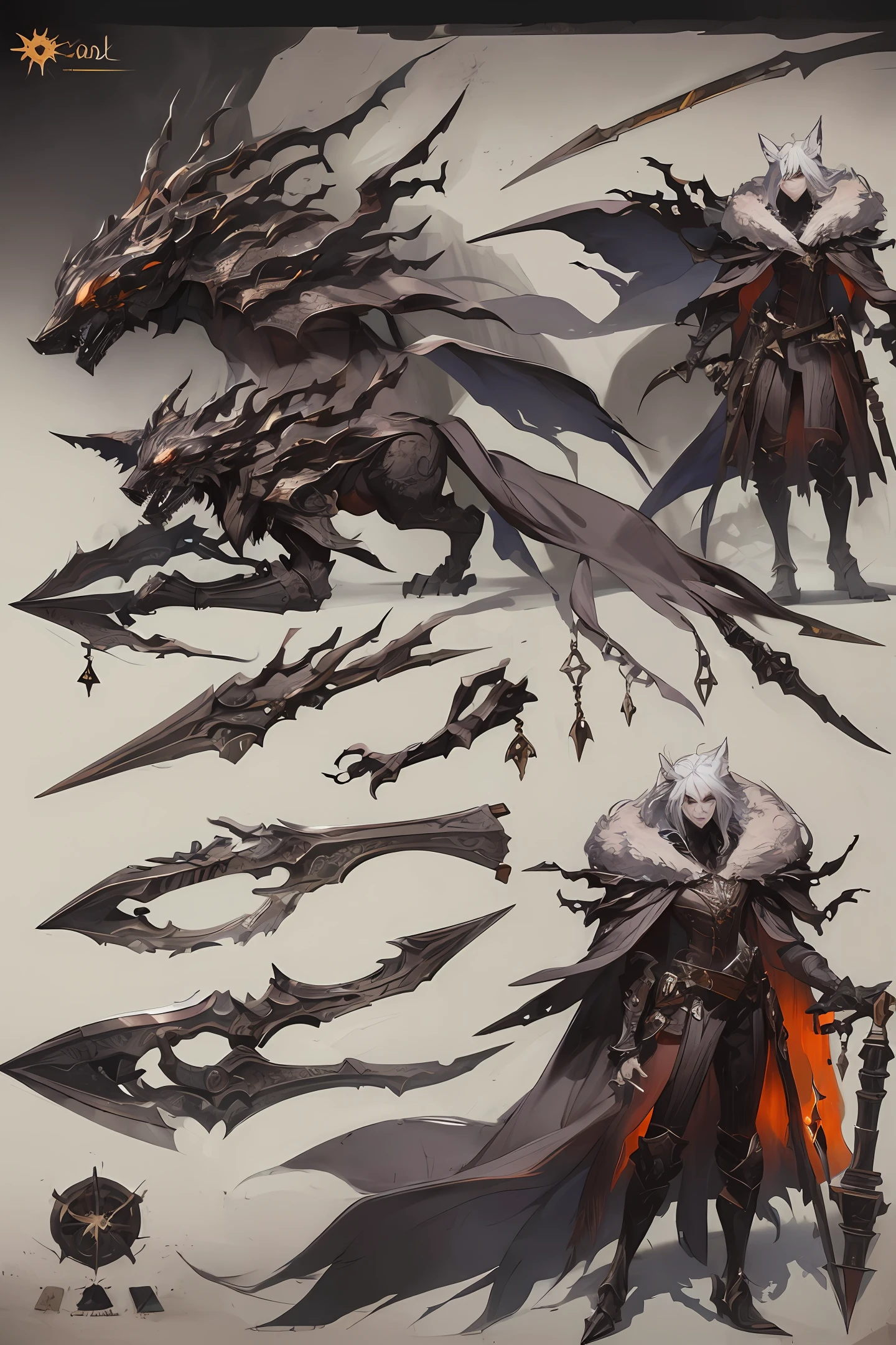 Weapon design tables, concept art, (Wolf tooth hammer), flame magic, ((film)), (subtle lighting), (perfect shadows), (gorgeous), (perfect proportions), (intricate details)