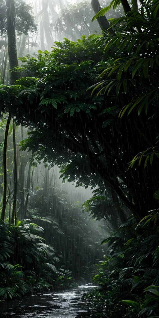 A jungle, with intense rainfall, monochromatic, vines all around, giant and wet trees, masterpiece, best quality, high quality, extremely detailed CG unity 8k wallpaper, oil paiting, award winning photography, Bokeh, Depth of Field, HDR, bloom, Chromatic Aberration ,Photorealistic,extremely detailed, trending on artstation, trending on CGsociety, Intricate, High Detail, dramatic, art by midjourney, volumetric lighting
