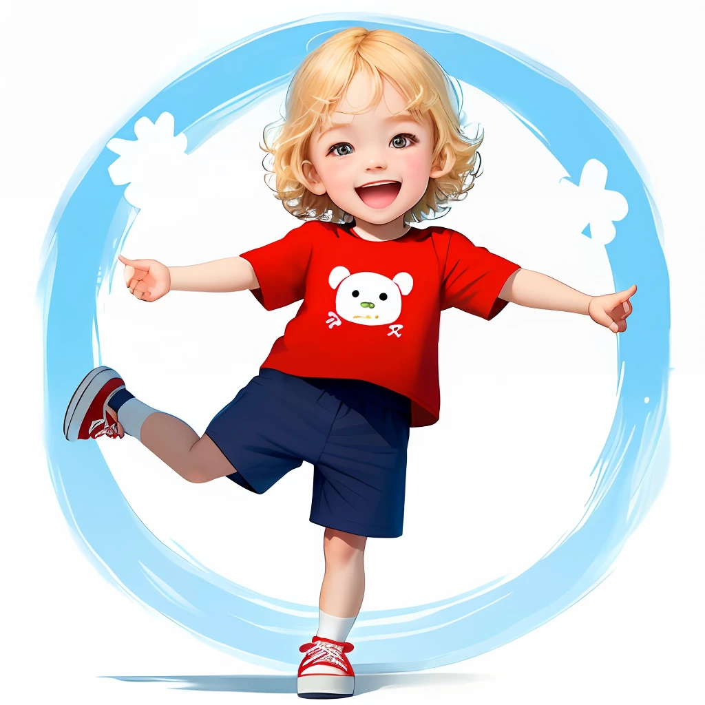 masterpiece, best illustration, cute kind joyful character 5 years old with blond hair, looking at the viewer, on a white background in full growth, in a red shirt and blue shorts, black shoes, in various poses, highly detailed picture, different focus, cinematic look, hyper detail