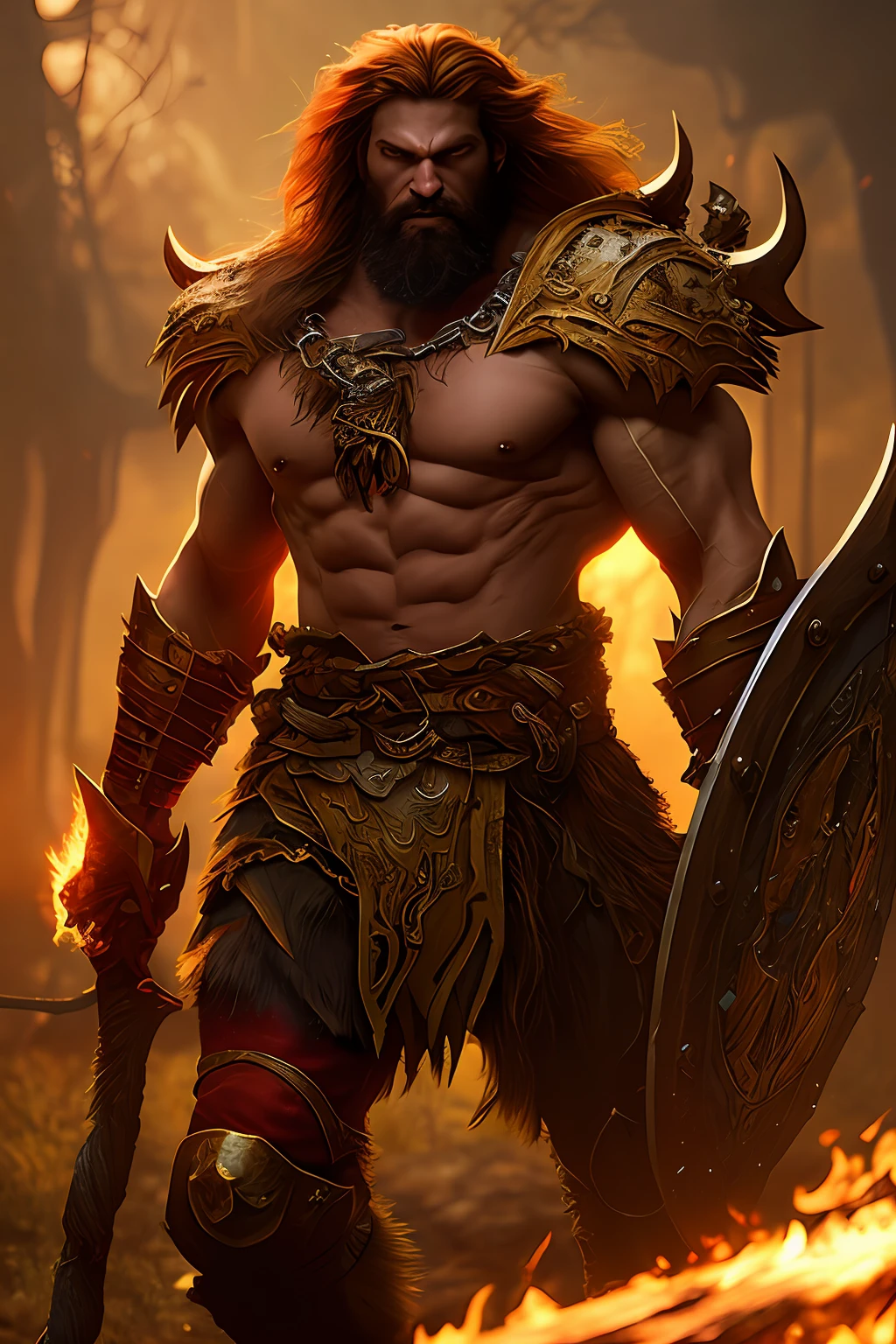 Gold armor, berserker potrait, male barbarian, fantasy art, From his look alone enemies starting to panic, one head,devilish smile, Hell beast, demon, white-fire Sky, warrior, with scythe and shield, beutiful, men, Werelion, long braided red Hair, glowing gold eyes, realisitic, highly detailed, Unreal Engine, 8k-upscale