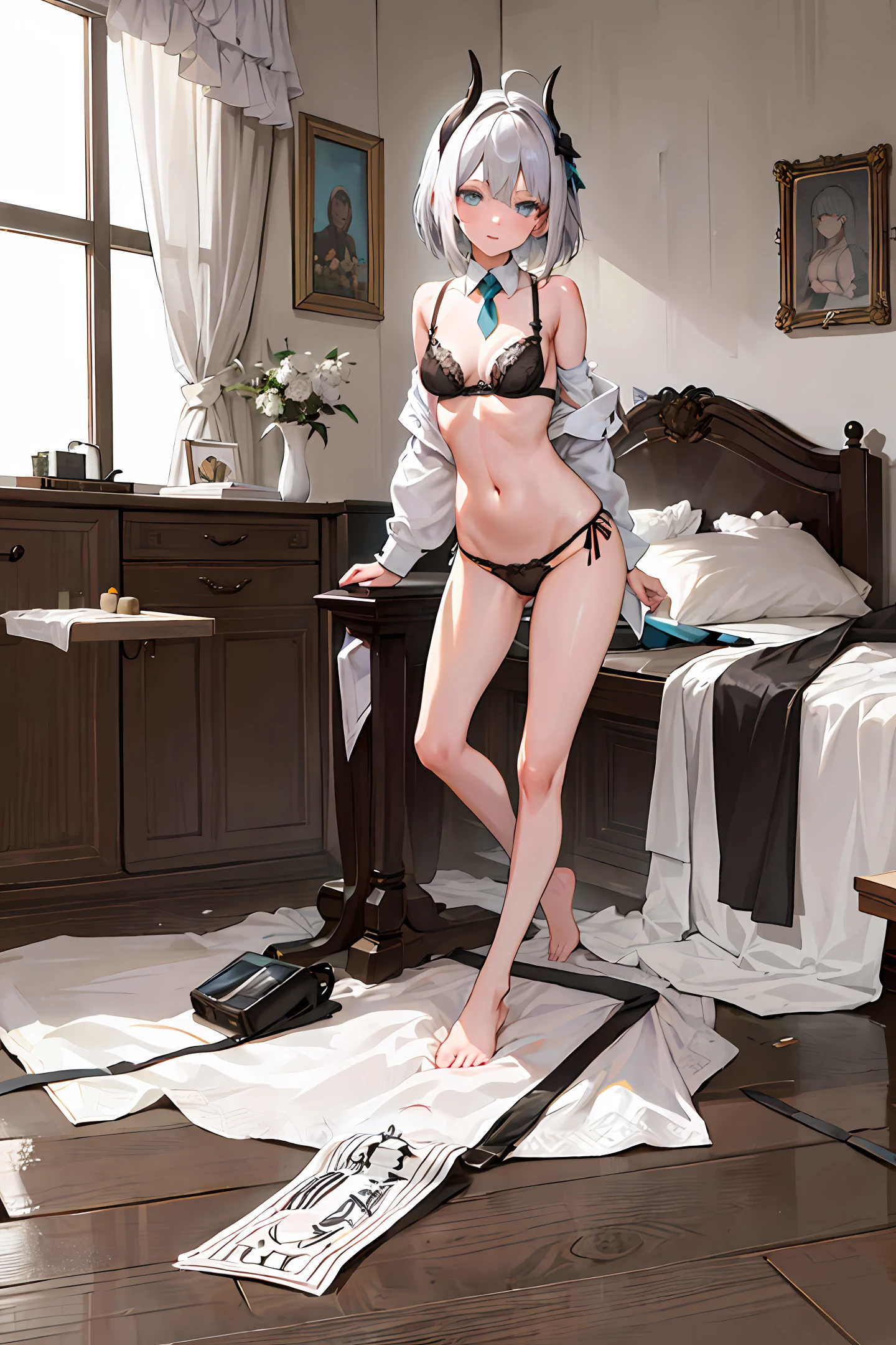 Masterpiece, Finest, Indoors, in bed, One girl, Silver hair, Bob haircut, Ahoge, Spread legs, Whore, Mole under eye, Pointy ears, Horny, Aqua eyes, Eye shadow, Big breasts , one breast out, black lace underwear, bra top only, sideways - tie bra bottoms, tie side panties, bare feet, no legwear,