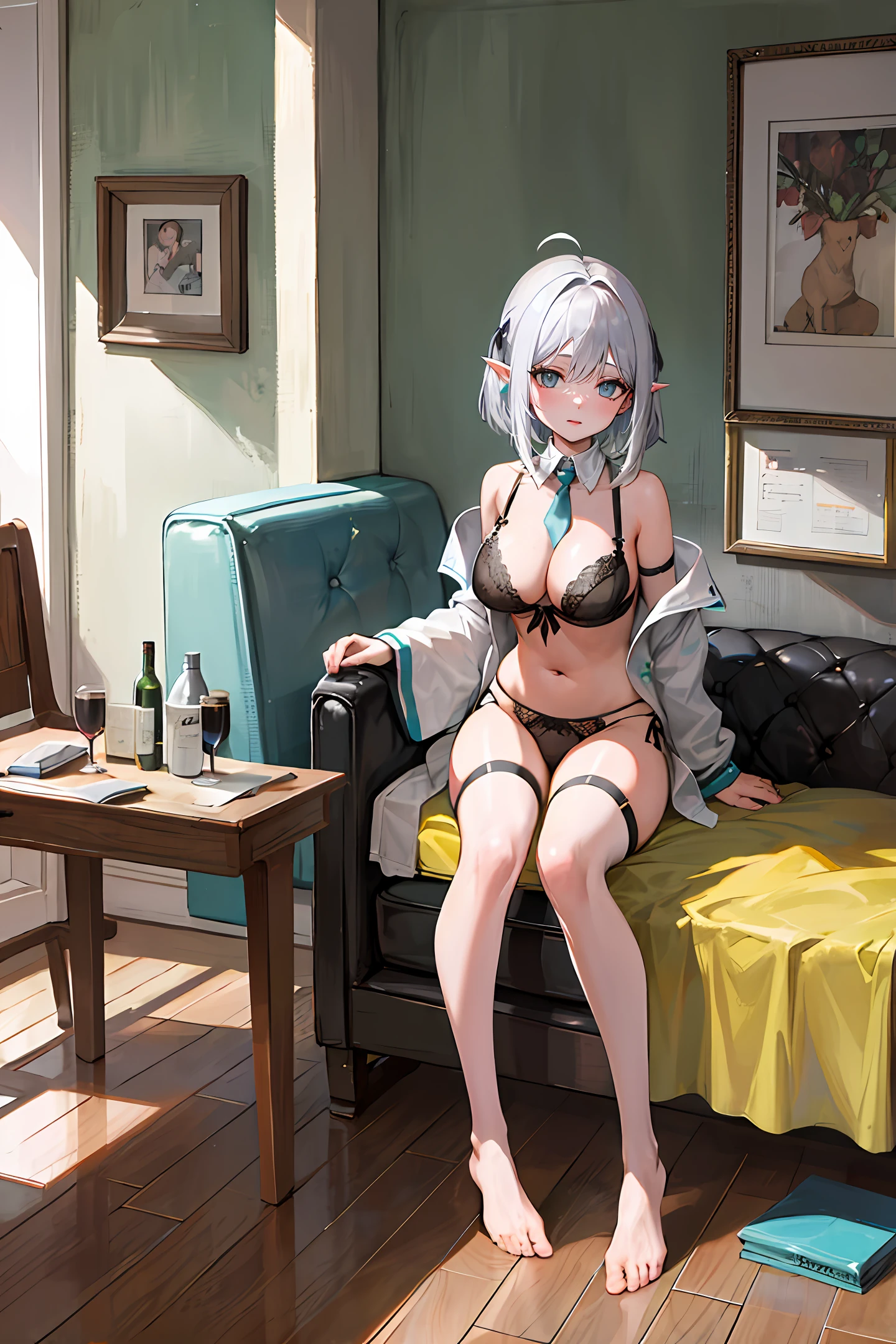 Masterpiece, Finest, Indoors, in bed, One girl, Silver hair, Bob haircut, Ahoge, Spread legs, Whore, Mole under eye, Pointy ears, Horny, Aqua eyes, Eye shadow, Big breasts , one breast out, black lace underwear, bra top only, sideways - tie bra bottoms, tie side panties, bare feet, no legwear,