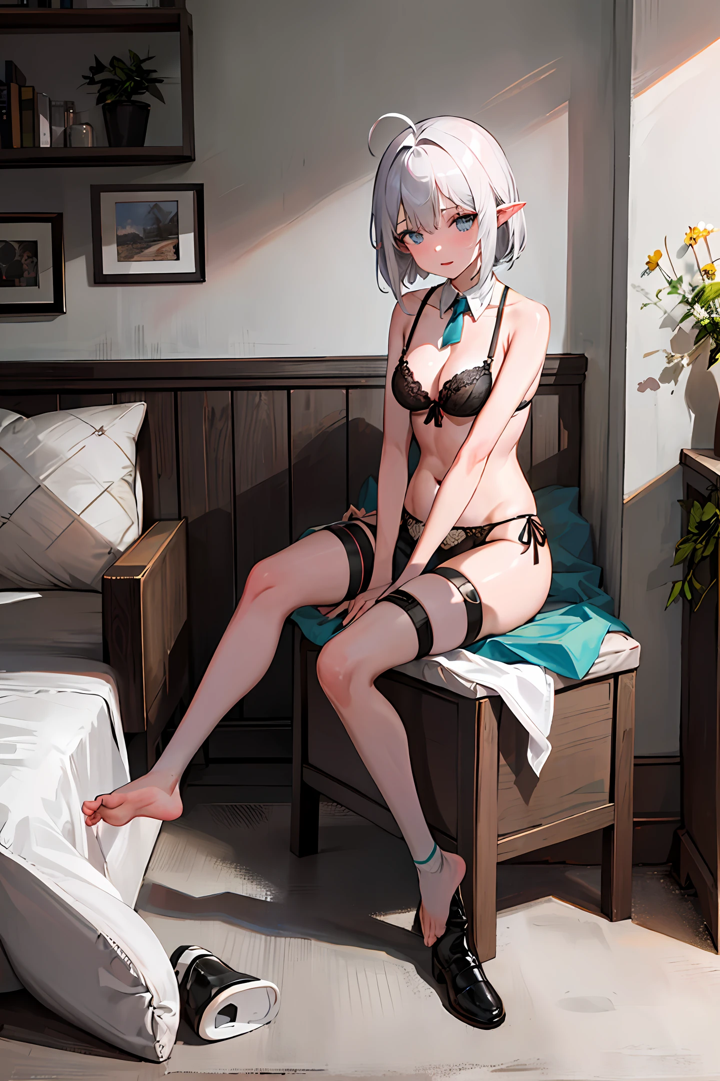 Masterpiece, Finest, Indoors, in bed, One girl, Silver hair, Bob haircut, Ahoge, ???????????, Whore, Mole under eye, Pointy ears, ?????, Aqua eyes, Eye shadow, ??????????? , one ?????? out, black lace ?????????, bra top only, sideways - tie bra bottoms, tie side panties, ???? feet, no legwear,