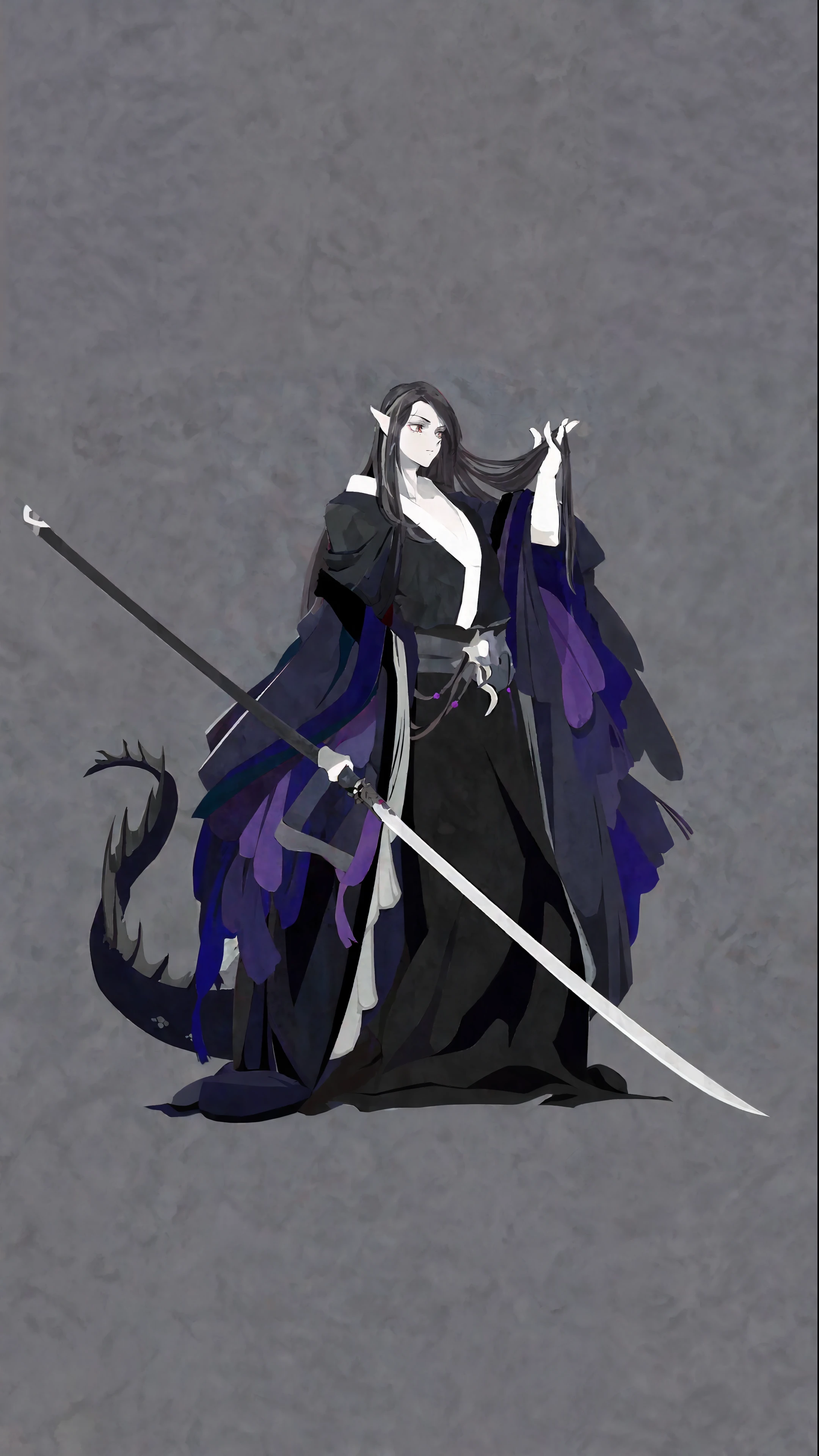 Sword and dragon in purple cloak anime character in black dress, dark witch character, dark fantasy character design, dark witch full body pose, epic beautiful character art, dark witch panorama, she is holding a sword, demon noble character design , complex fantasy character, fantasy character design, awesome character design, she holds a katana sword