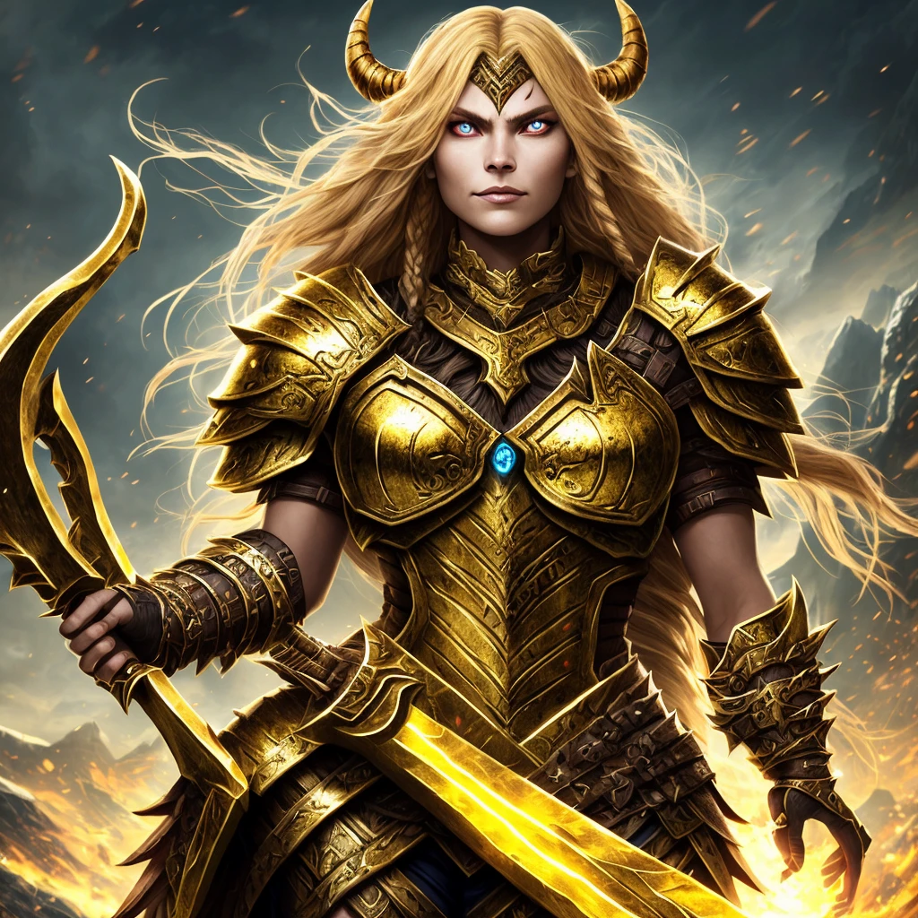 Gold armor, berserker potrait, female barbarian, fantasy art, From her look alone enemies starting to panic, one head,devilish smile, Hell beast, demon, white-fire Sky, warrior, with scythe and shield, beutiful, women, Werelion, long braided blond Hair, glowing gold eyes, realisitic, highly detailed, Unreal Engine, 8k-upscale