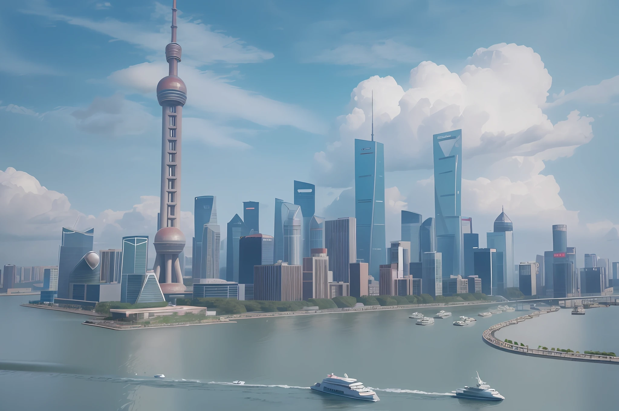 arafly city skyline view with a river in the foreground, shanghai city, shanghai, chinese new year in shanghai, hou china, skyline display, skyline, from china, trend, trend, chinese dream, spectacular clouds, fantasy clouds . Partially looking to the left, around the city, Shanghai Lujiazui. Chinese Architecture, Jia Ruan, Ruan Jia. The bustling technology building is beyond imagination. Inspired by Makoto Shinkai's popular concept art and masterpieces on pixiv, vision (wide angle lens), super high resolution (fidelity: 1.4), super high quality, extremely detailed CG Unity 8k wallpapers, aesthetics, award winning photography, real High Detail, Intricacy, Art of Travel, Realistic 3D Animation Style, Landscape Concept Art, Ultra High Resolution (Photorealism: 1.4), Aesthetics, Focus, High Quality, Vibrant Colors, Beautiful Reflections, Clear Water, award-winning cinematography, 3D lighting and beautiful cinematic lighting. Rich in detail.