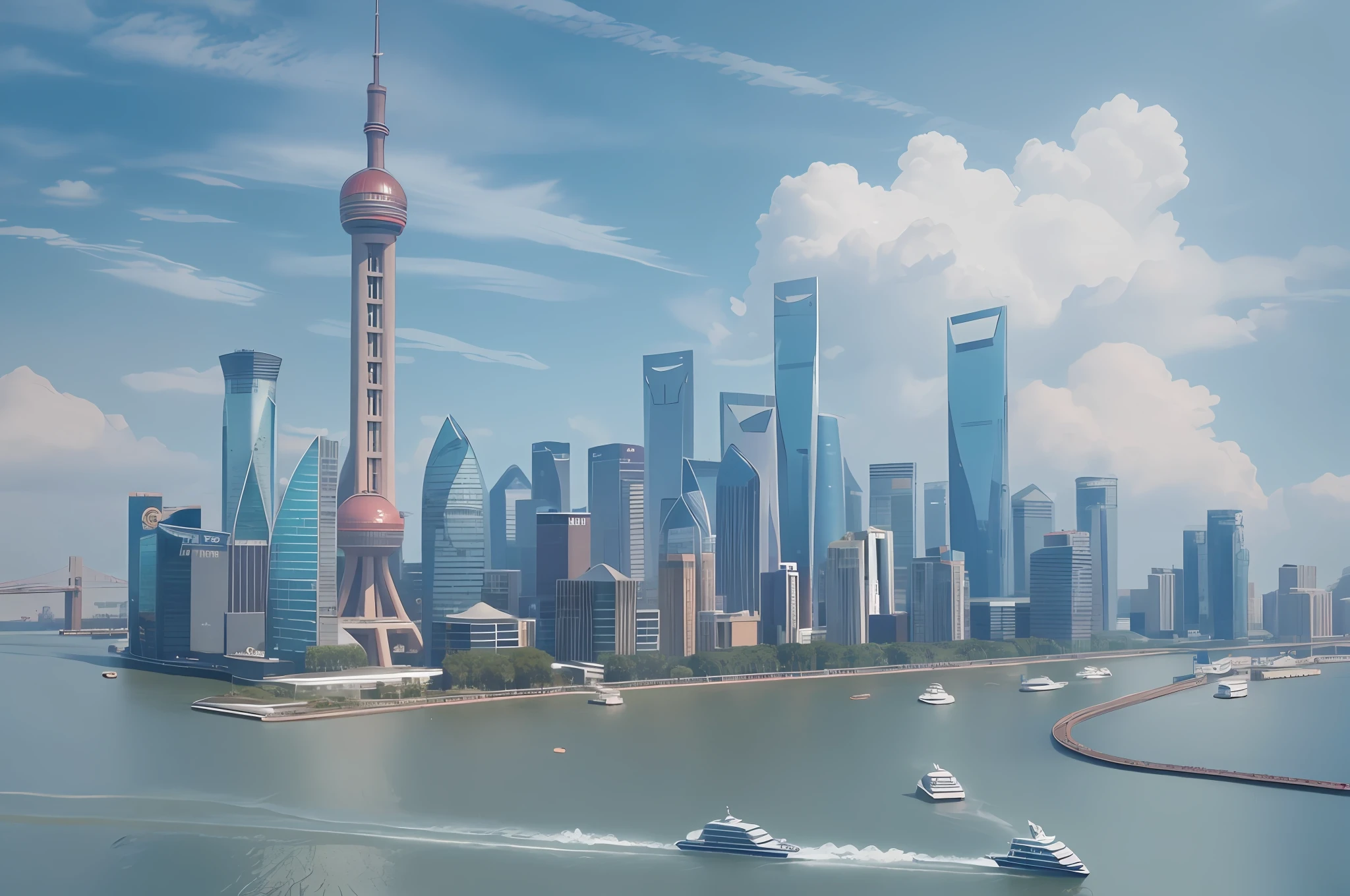 arafly city skyline view with a river in the foreground, shanghai city, shanghai, chinese new year in shanghai, hou china, skyline display, skyline, from china, trend, trend, chinese dream, spectacular clouds, fantasy clouds . Partially looking to the left, around the city, Shanghai Lujiazui. Chinese Architecture, Jia Ruan, Ruan Jia. The bustling technology building is beyond imagination. Inspired by Makoto Shinkai's popular concept art and masterpieces on pixiv, vision (wide angle lens), super high resolution (fidelity: 1.4), super high quality, detail enhancement. Extremely detailed CG Unity 8k wallpapers, aesthetics, award winning photography, photorealistic, high detail, intricate, art of travel, realistic 3D animation style, landscape concept art, super high resolution (photorealistic: 1.4), aesthetics, focus, High quality, vibrant colors, stunning reflections, crystal clear water, award winning cinematography, 3D lighting and beautiful cinematic lighting. Rich in detail.