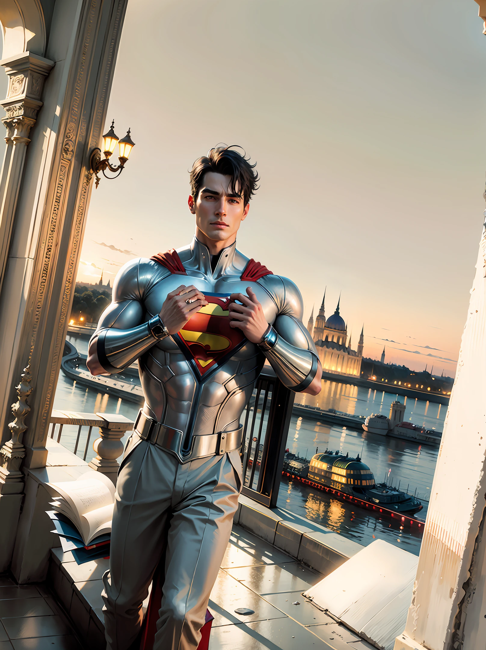 superman hovering above danube (budapest) ((parlament)), masterpiece, 8k, night sky, parlament reflecting in river, keep facail features,