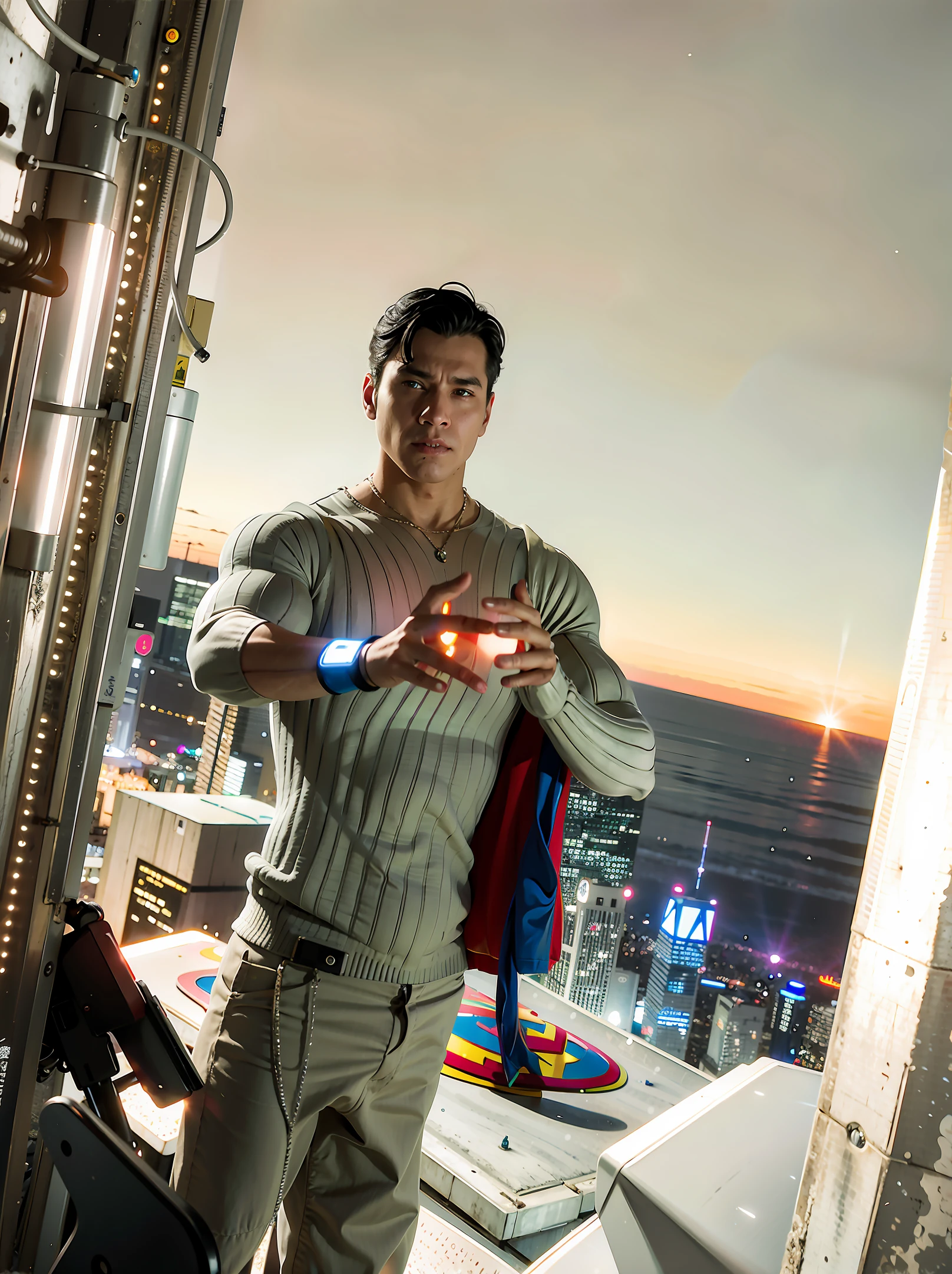 superman hovering above city (night city) ((cyberpunk)), masterpiece, 8k, night sky