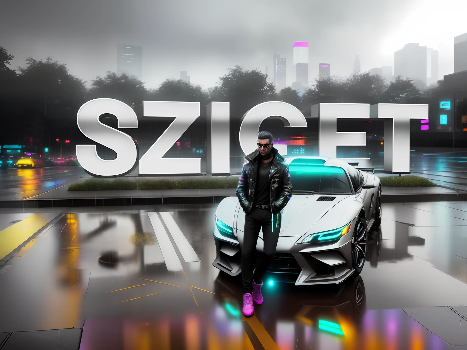 An award winning master piece photo of  a cyberpunk with black pants and shoes, highly detailed face, standing in the city (at night) (in the rain), puddles mirror like reflection, neon-colored, glowing-neon street lamps, futuristic cars,detailed car, symmetrical car, 8k, (high quality:1.4), (cinematic feeling:1.3), dark deep shadows, incredibly intricate detailing, art , (up close:1.2), from above, looking at viewer, (light sparkles:1.1), (chromatic aberration,:1.3),
rain, puddles, ray tracing, reflection