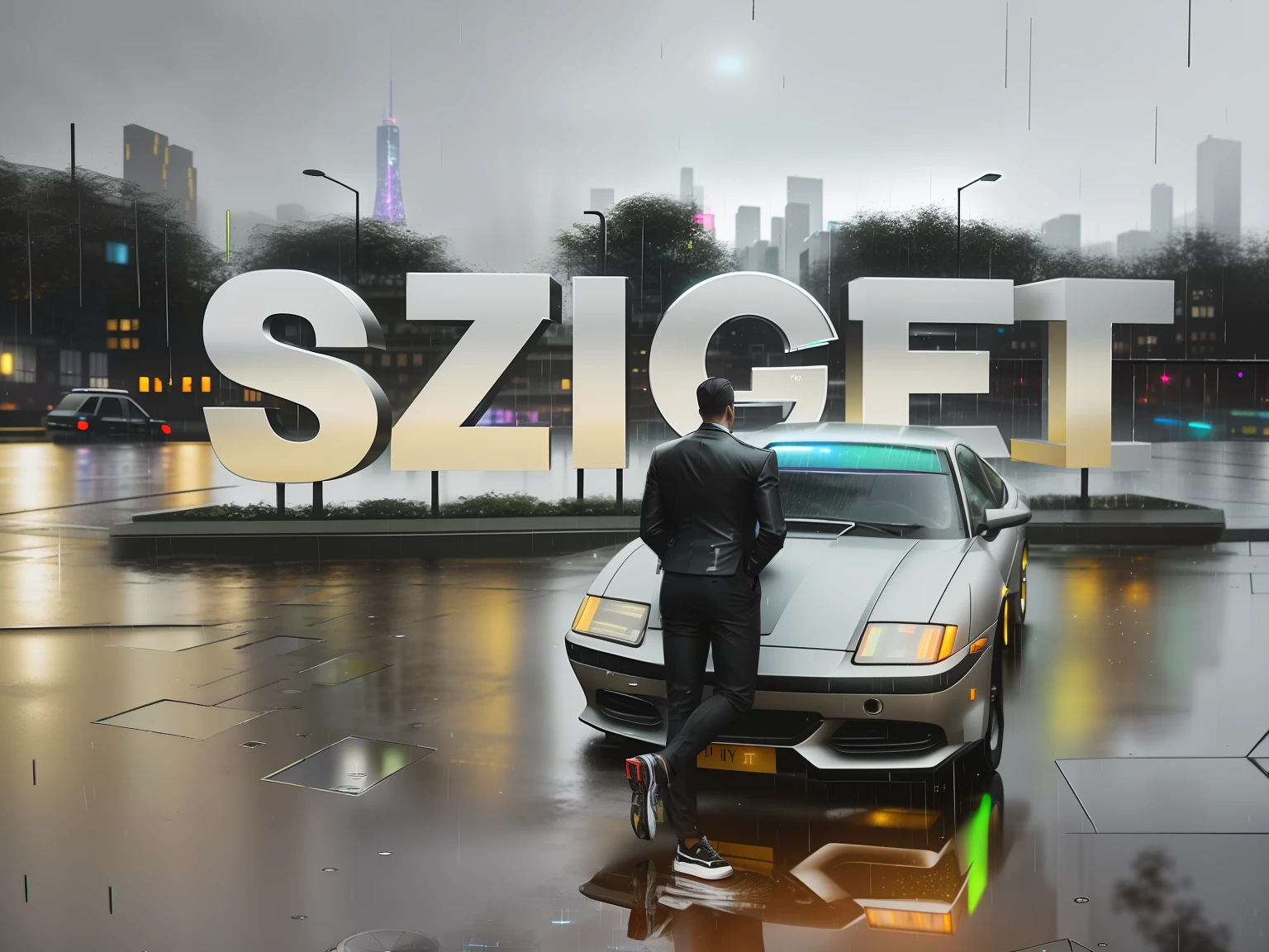 An award winning master piece photo of a lean riped man with black pants and shoes, standing in the city (at night) (in the rain), buildings glowing, puddles mirror like reflection, neon-colored, flying cars in the sky, futuristic cars, 8k, (high quality:1.1), (cinematic feeling:1.1), dark deep shadows, incredibly intricate detailing, art , (up close:1.1), from above, looking at viewer, (light sparkles:1.1), (chromatic aberration,:1.2),
rain, puddles, ray tracing, reflection