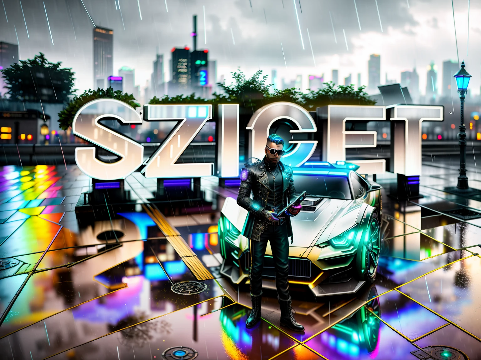 An award winning master piece photo of a cyberpunk man with detailed clothes (steampunk), standing in the city (at night) (in the rain), buildings glowing, puddles mirror like reflection, neon-colored, futuristic cars, 8k, (high quality:1.1), (cinematic feeling:1.1), dark deep shadows, incredibly intricate detailing, art , (up close:1.1), from above, looking at viewer, (light sparkles:1.1), (chromatic aberration,:1.2),
rain, puddles, ray tracing, reflection