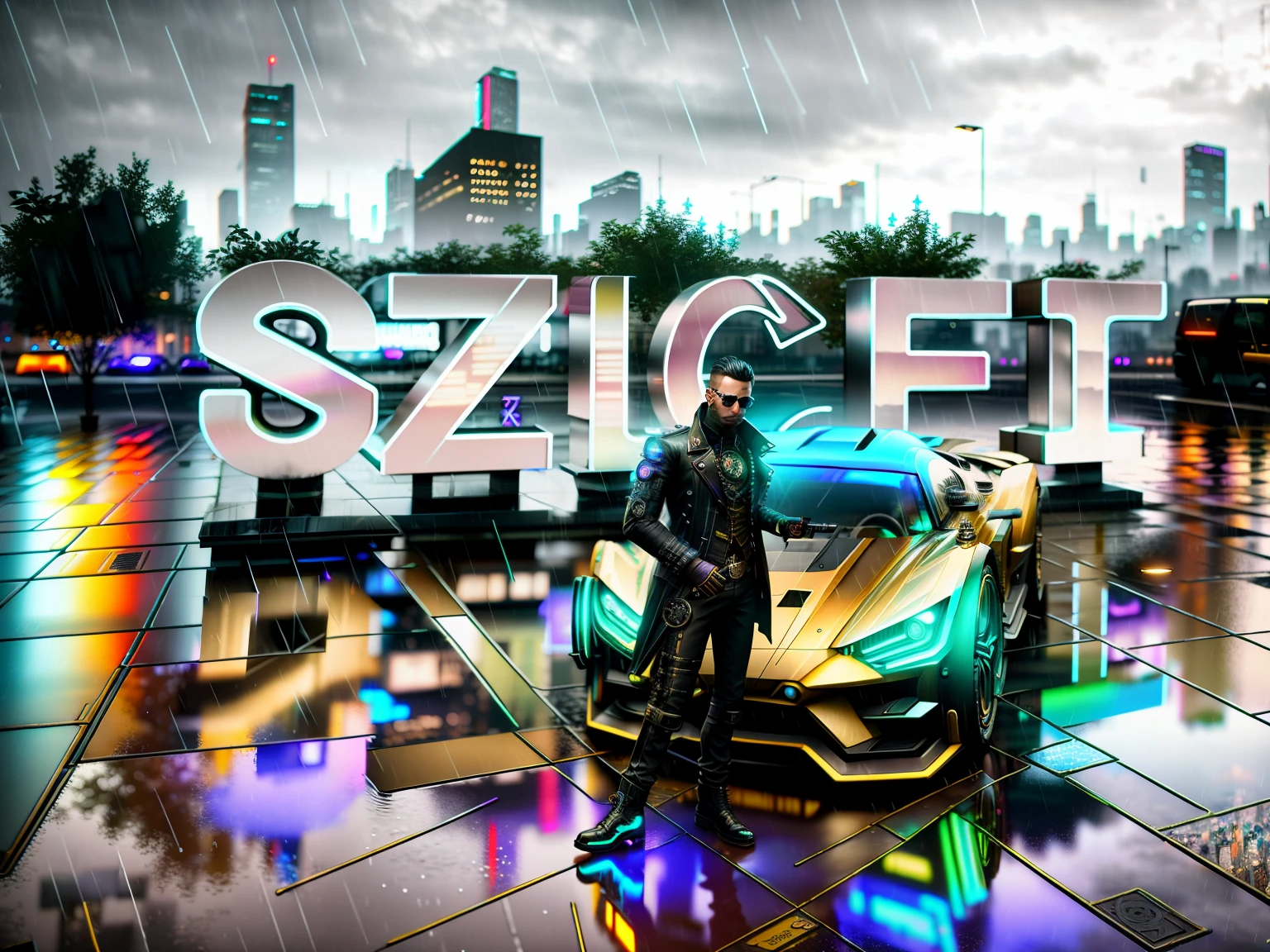 An award winning master piece photo of a cyberpunk man with detailed clothes (steampunk), standing in the city (at night) (in the rain), buildings glowing, puddles mirror like reflection, neon-colored, futuristic cars, 8k, (high quality:1.1), (cinematic feeling:1.1), dark deep shadows, incredibly intricate detailing, art , (up close:1.1), from above, looking at viewer, (light sparkles:1.1), (chromatic aberration,:1.2),
rain, puddles, ray tracing, reflection