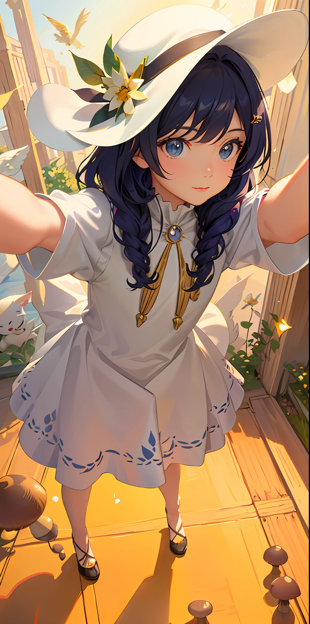 Depicts a selfie shot of a family of animals on a walk, children running happily, furry, animal friends in hats, mushrooms, fairytale style, morning sun, dewdrops, spring, (extremely detailed CG unity 8k wallpaper, masterpiece, High contrast,, 1girl, ((colorful paint splashes on transparent background, Dulux,)), ((caustic)), dynamic angles, beautiful detail glow, , depth of field, aerial perspective,