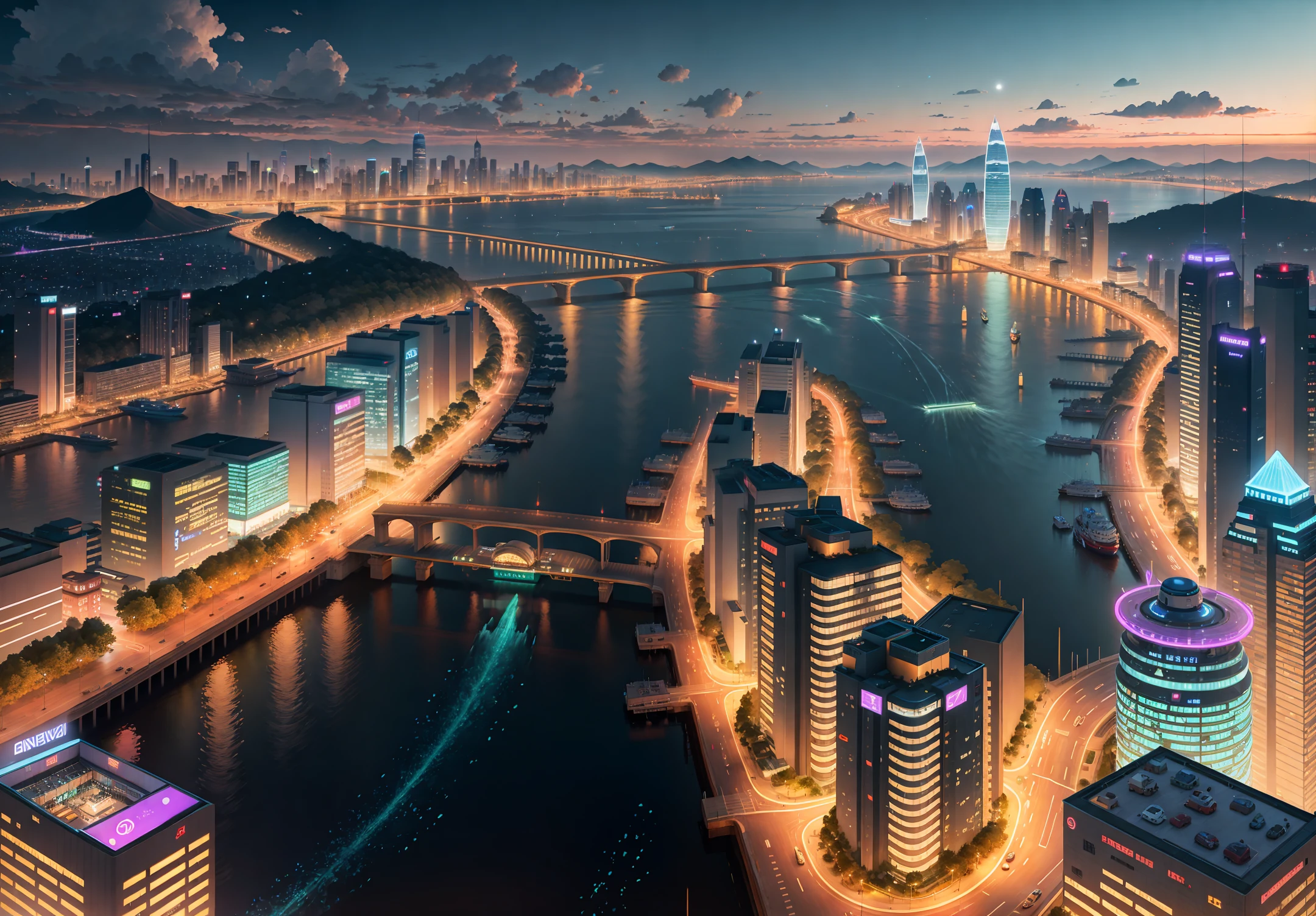City night view, with rivers and bridges, hangzhou, hangzhou, hangzhou, hangzhou, guangjian, wide angle, wide angle, wide angle, super wide angle cityscape, city, hangzhou, wide angle, drone view city, hangzhou, high quality image, wide angle lens, shutterstock, night view, super wide view of cityscape, beautiful city of the future, beautiful cityscape, tech city background, Hou porcelain, with a city in the background. Inspired by Makoto Shinkai's popular concept art and masterpieces on pixiv, vision (wide angle lens), super high resolution (fidelity: 1.4), super high quality, extremely detailed CG Unity 8k wallpapers, aesthetics, award winning photography, real Sensational, high detail, intricate, traveling art