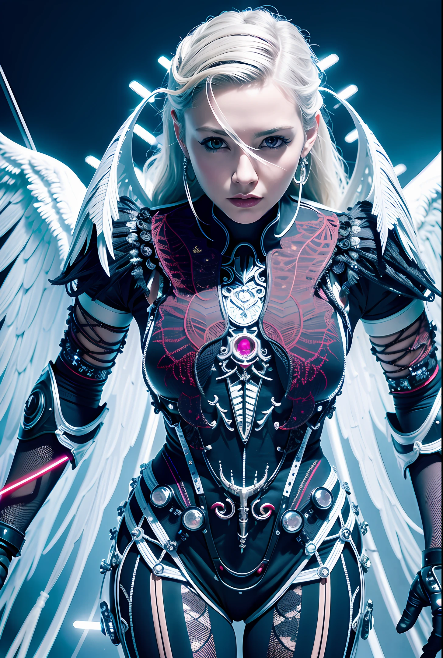 Intricate ultra-detailed beautiful angel of death, bionic robot, simulated 150mm lens, beautiful natural soft rim light, crystal feathers, tree roots, delicate leaf lace, colorful details, Boris Bidjan Saberi costume, pearl earrings, piercings, Fashionable embroidery in art nouveau style, intricate details, mesh wires, mandelbrot fractals, facial muscles, cable wires, microchips, badass, hyper realistic, ultra detailed, octane rendering, volumetric lighting, 8k post production, red and white with A bit of black, metal skeletal details, half human, iridescent, glen brown style, futuristic room, power of god, high angle shot, complex body poses