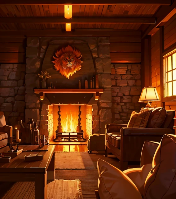 ((Cabin living room anime background)),(cozy ambience),(subtle lighting),((stone fireplace)),(glowing flame),(lion skin cushion) [(Tatsuya Endo),(Greg Rutkowski),(Pixiv),(Artstation)]