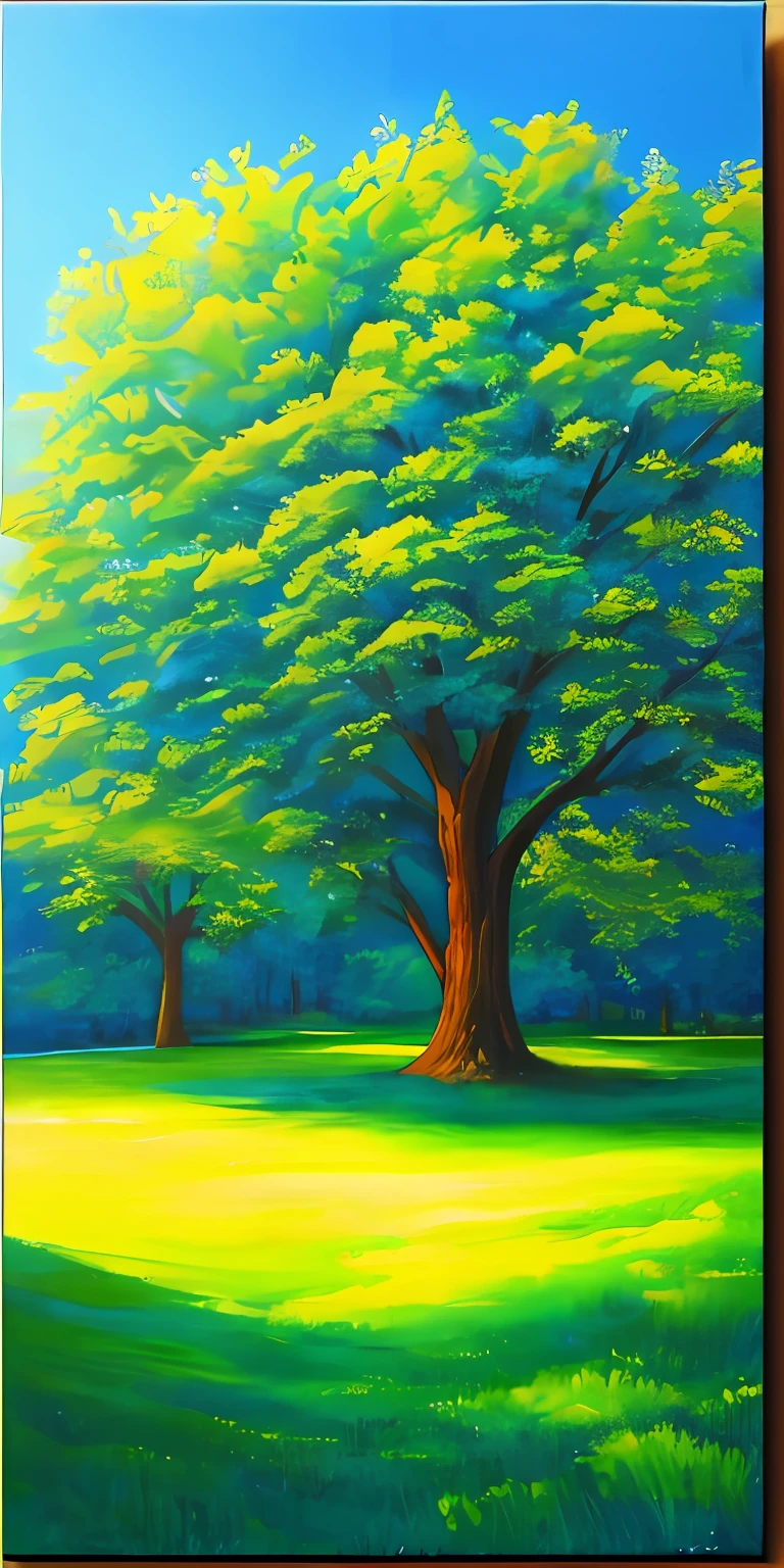 create a landscape painting the focal point of the painting to be a tree in the center of the canvas the portrait to have a cool color scheme, with blues and greens ting the painting to be in a realistic style, with lots of detail