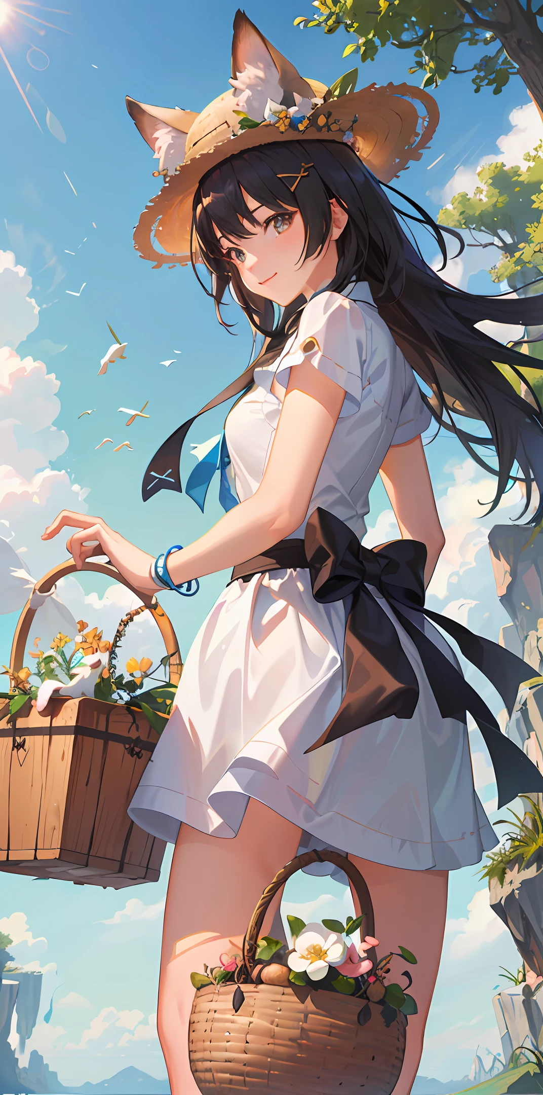 (extremely detailed CG unity 8k wallpaper, masterpiece, high contrast), (beautiful spring morning, a happy furry girl who is really running takes a selfie among animal friends and beautiful nature), (an anthropomorphic person wearing a hat and carrying a basket with a fairy-tale expression Animal friends: 2), (mushrooms and musical notes in nature), (morning sunshine and dew, spring breath), (1girl shot from a dynamic angle), (details shine, lens perspective, highlighting the main body of the picture