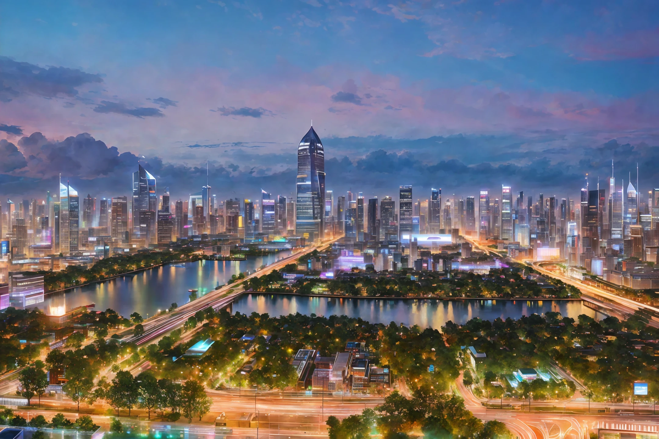 City skyline view with lake and park, a giant building in the city center, illustration by Zha Shibiao, shutterstock, art nouveau, hangzhou, hangzhou, hangzhou. Wide construction, super wide view of cityscape, beautiful city of the future, beautiful cityscape, smart buildings, sci-fi buildings, skyscrapers. Tech city background, Hou porcelain, with a city in the background. Colorful clouds, breathtaking clouds, inspired by Makoto Shinkai's popular concept art and masterpieces on pixiv, stunning reflection effects, farsightedness (wide-angle lens), detail enhancement. Ultra high resolution (fidelity: 1.4), ultra high quality, extremely detailed CG Unity 8k wallpapers, aesthetics, award winning photography, photorealistic, high detail, intricate, travel art. Remove Blur, Best Quality