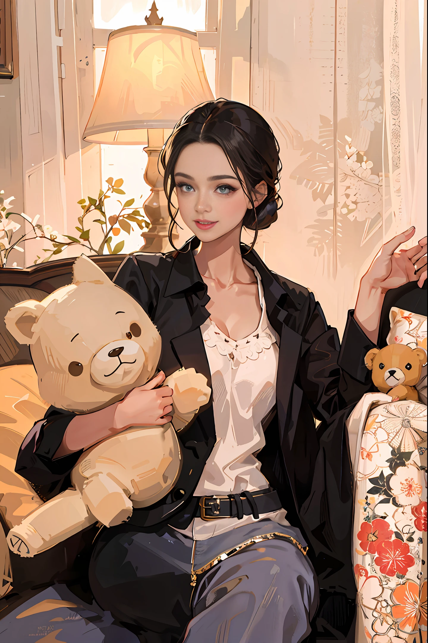 There is a woman sitting on the sofa hugging a teddy bear, looking at the camera, smiling without missing a tooth, finger details, correct limbs, correct fingers, beautiful, masterpiece, best quality,((beautiful eyes)),((Delicate face)), (master piece: 1.3), (ultra detailed: 1.1),Meticulous eyes , Highly detailed skin, radiant and glowing skin: 1.1), ((looking at viewer)),intricate details, ((5fingers,detailed hand ,1.5)), Asian, professional lighting (dark lighting, professional lighting, dark lighting, professional lighting (dark lighting) Shadows: 1.3), (physical rendering, professional lighting, photon mapping, light transmission, soft light, lens flare: 1.3 ), a beautiful girl with a soft toy,