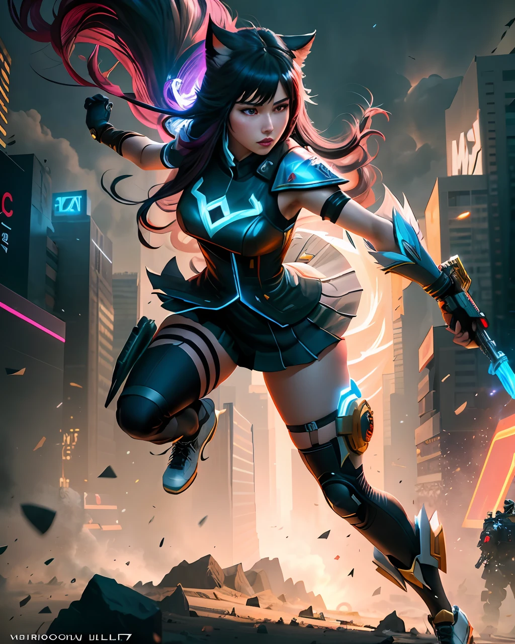 buzzworthy digital art of One character perfect mix of ahri from league of legends and raze from valorant wielding a smg, battle action scene in a futuristic circus, extremely detailed background, full body, unreal engine 5, ultra detailed, award-winning digital illustration, best quality, Rendered in Octane, 8K resolution, Artstation HD, Artstation HQ, trending on deviantart, contest winner, dramatic, full details, Moody Lighting, Accent Lighting, Global illumination, Lumen Reflections, FKAA, TXAA, RTX, Post Processing, Post-Production, CGI, VFX, SFX, insanely detailed, bokeh, haze, hypermaximalist, ultra realistic, dynamic pose, full character pose, incredible artwork by roman kupriianov, jeremy chong, brandon duffy, dave rapoza, mihai radu, dave greco, Trending on MidJourney, Award Winning, Timeless art work, Masterpiece, acclaimed, Worldclass, Extraordinary, top-notch, emerging, Phenomenal, Remarkable, textured