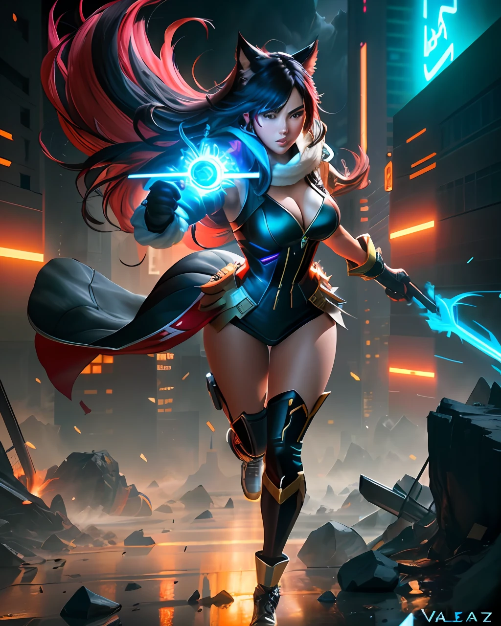 buzzworthy digital art of One character perfect mix of ahri from league of legends and raze from valorant wielding a smg, battle action scene in a futuristic circus, extremely detailed background, full body, unreal engine 5, ultra detailed, award-winning digital illustration, best quality, Rendered in Octane, 8K resolution, Artstation HD, Artstation HQ, trending on deviantart, contest winner, dramatic, full details, Moody Lighting, Accent Lighting, Global illumination, Lumen Reflections, FKAA, TXAA, RTX, Post Processing, Post-Production, CGI, VFX, SFX, insanely detailed, bokeh, haze, hypermaximalist, ultra realistic, dynamic pose, full character pose, incredible artwork by roman kupriianov, jeremy chong, brandon duffy, dave rapoza, mihai radu, dave greco, Trending on MidJourney, Award Winning, Timeless art work, Masterpiece, acclaimed, Worldclass, Extraordinary, top-notch, emerging, Phenomenal, Remarkable, textured