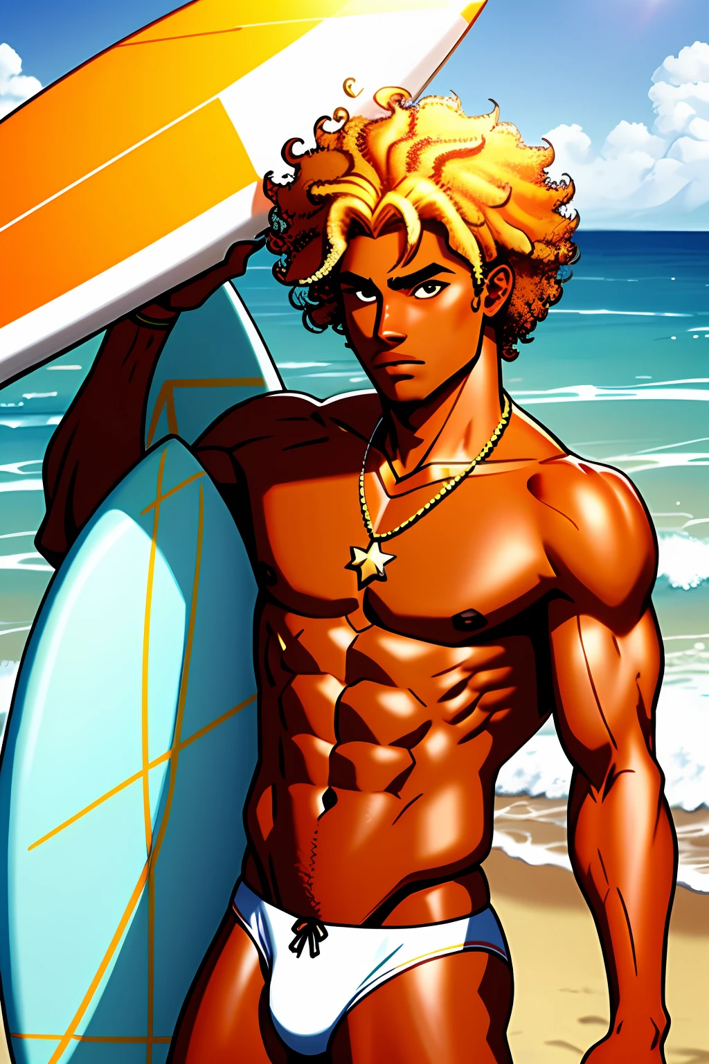 male,thong, surfer necklace, tan, frosted tips hair, curly hair,surfer