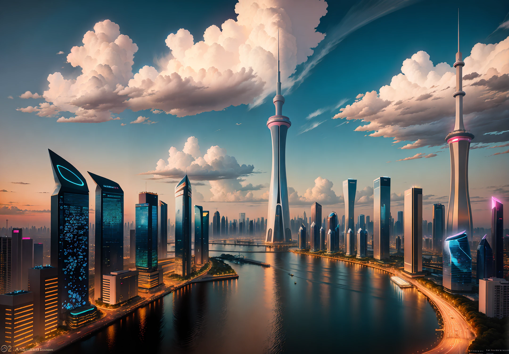 Cityscape at night with river and bridges, Guangjian, Guangzhou, Canton Tower in Guangzhou City, beautiful images, amazing images, Zha Shibiao, hou china, high quality images"Ultra wide view of urban landscape, beautiful city of the future , beautiful cityscape, smart buildings, sci-fi buildings, skyscrapers. Science and technology city background, Hou Ci, with a city in the background. Colorful clouds, breathtaking clouds, inspired by Makoto Shinkai's popular concept on pixiv Art and masterpiece, stunning reflections, farsightedness (wide angle lens), detail enhancement. Ultra high resolution (fidelity: 1.4), ultra high quality, extremely detailed CG Unity 8k wallpapers, aesthetics, award winning photography, photorealism, high detail , Intricate, Traveling Art. Eliminate Blur, Best Quality