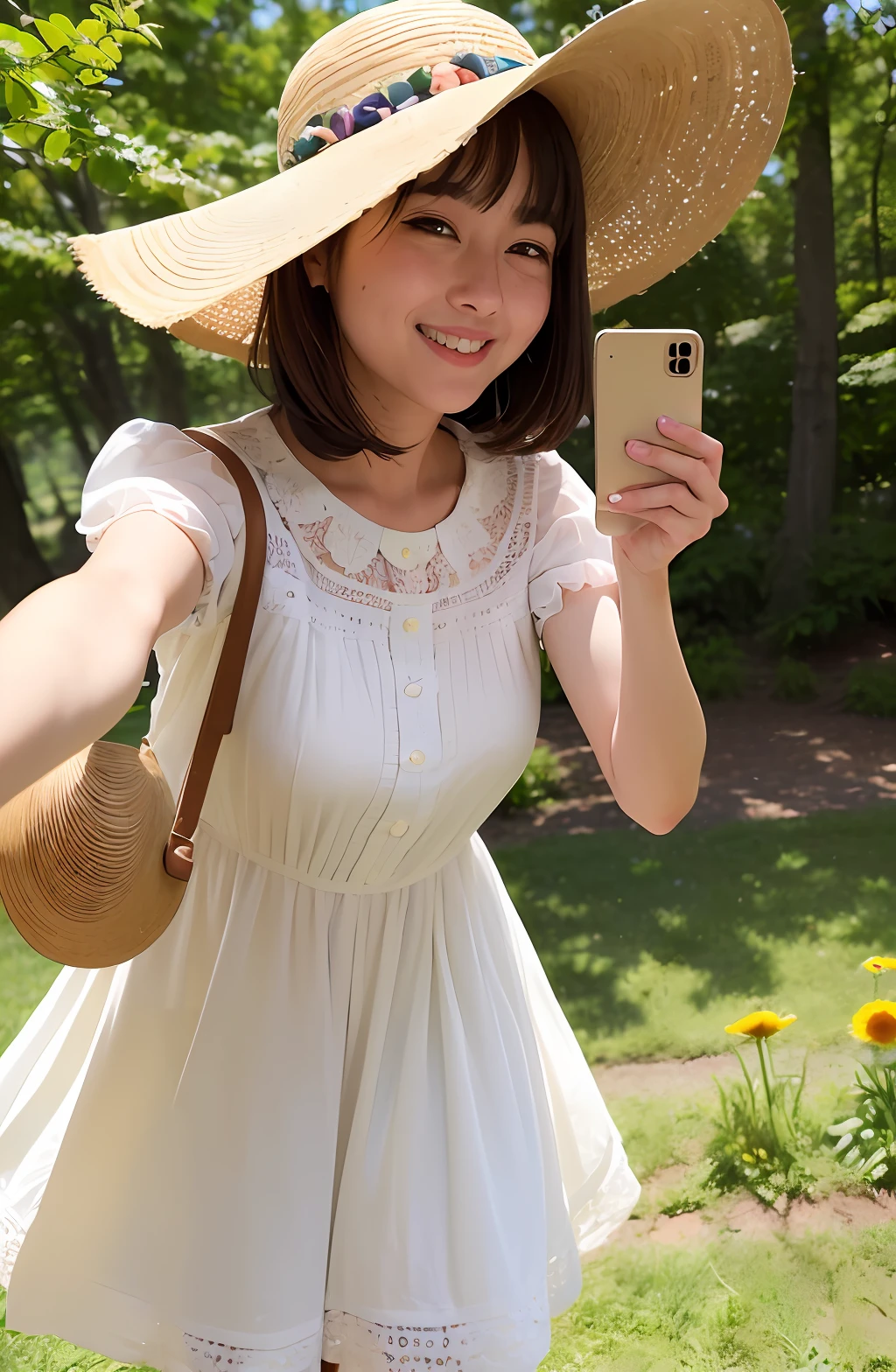(extremely detailed CG unity 8k wallpaper, masterpiece, high contrast), (beautiful spring morning, a happy running furry takes a selfie in the beautiful nature), behind her are the father and mother standing on the path, the squirrel , rabbit, (mushrooms and musical notes in nature), (morning sunshine and dewdrops, spring breath), (1girl shot from a dynamic angle), (details glow, lens perspective, highlighting the subject of the picture, (motion blur: 1.4) beige Floral dress, straw hat decorated with flowers