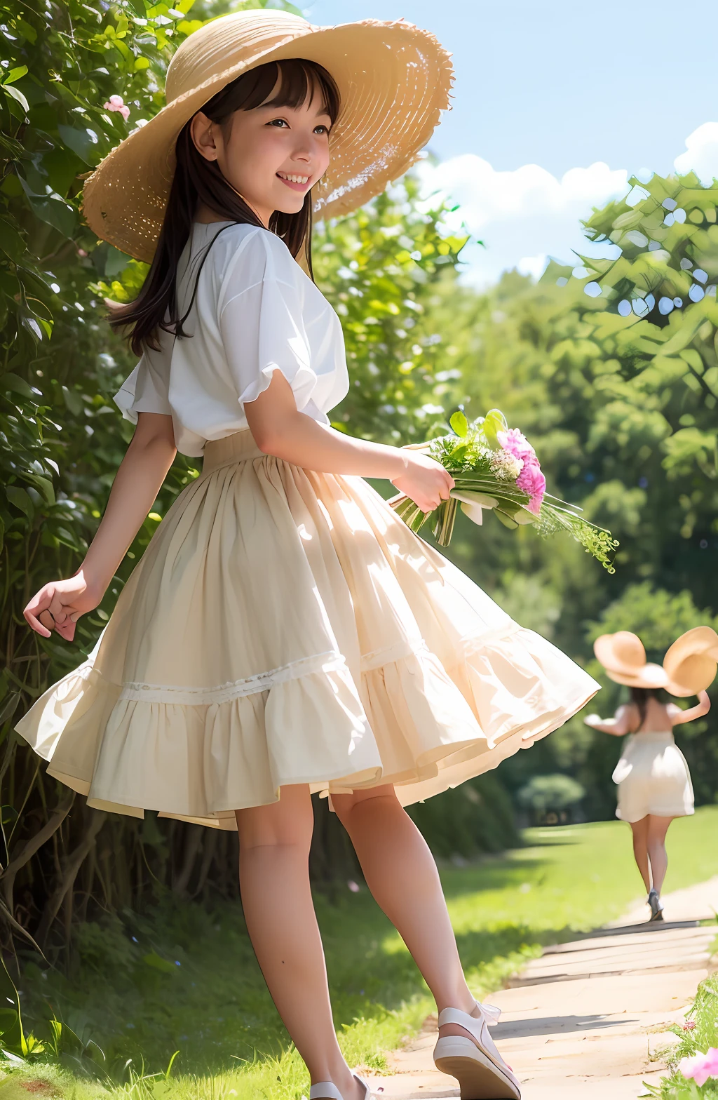(extremely detailed CG unity 8k wallpaper, masterpiece, high contrast), (wonderful spring morning, a happy furry loli running in beautiful nature), behind her are father and mother standing on the path, squirrel, rabbit, (Mushrooms and musical notes in nature), (morning sunshine and dewdrops, spring breath), (1girl shot from a dynamic angle), (details glow, lens perspective, highlighting the main body of the picture, (motion blur: 1.4) beige floral skirt, straw hat with flowers, (flowers: 2)
