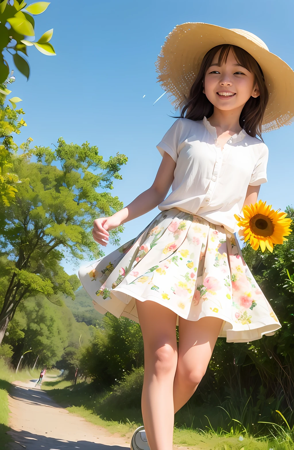 (extremely detailed CG unity 8k wallpaper, masterpiece, high contrast), (wonderful spring morning, a happy furry loli running in beautiful nature), behind her are father and mother standing on the path, squirrel, rabbit, (Mushrooms and musical notes in nature), (morning sunshine and dewdrops, spring breath), (1girl shot from a dynamic angle), (details glow, lens perspective, highlighting the main body of the picture, (motion blur: 1.4) beige floral skirt, straw hat with flowers, (flowers: 2)