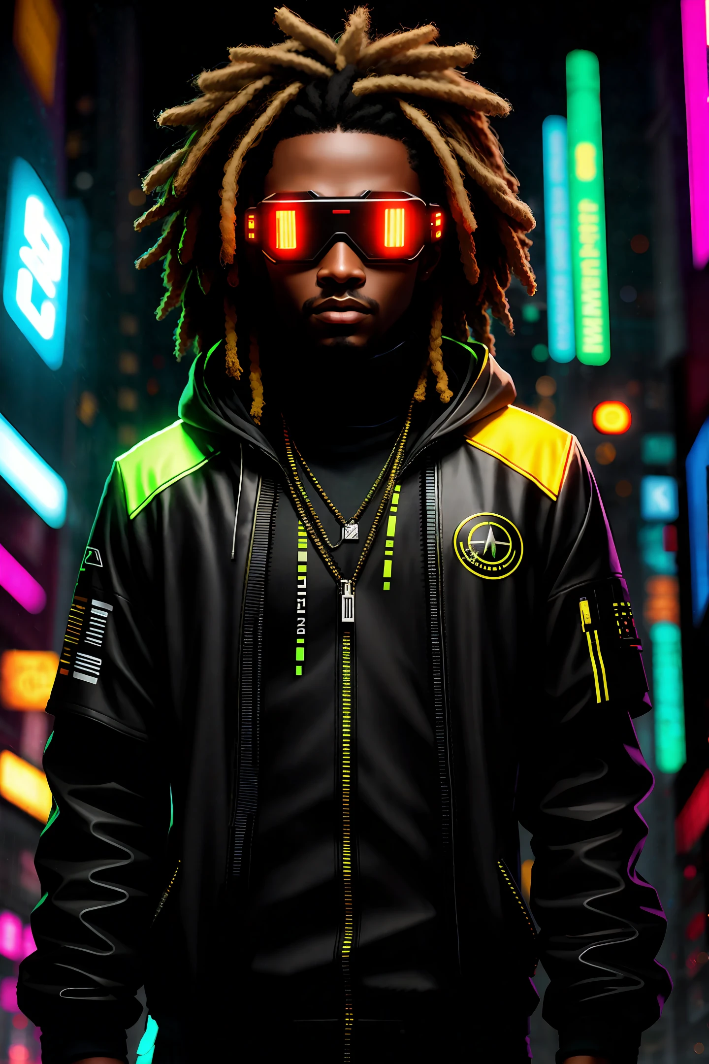 An award winning master piece photo of a cyborg black man with dreads wearing hip hop fashion and neon-colored glowing goggles with psychedelic colors standing in a city street at night in the rain, 8k, (best quality:1.1), (cinematic feeling:1.1), dark deep shadows, incredibly intricate detailing, top-notch digital art, (up close:1.1), from above, looking at viewer, (light sparkles:1.1), (chromatic aberration,:1.2) background with floating light artifacts, octane render, unreal engine 5, artstation hq, artstation hd, Timeless art work, acclaimed, Worldclass, Extraordinary, emerging, Phenomenal, Remarkable