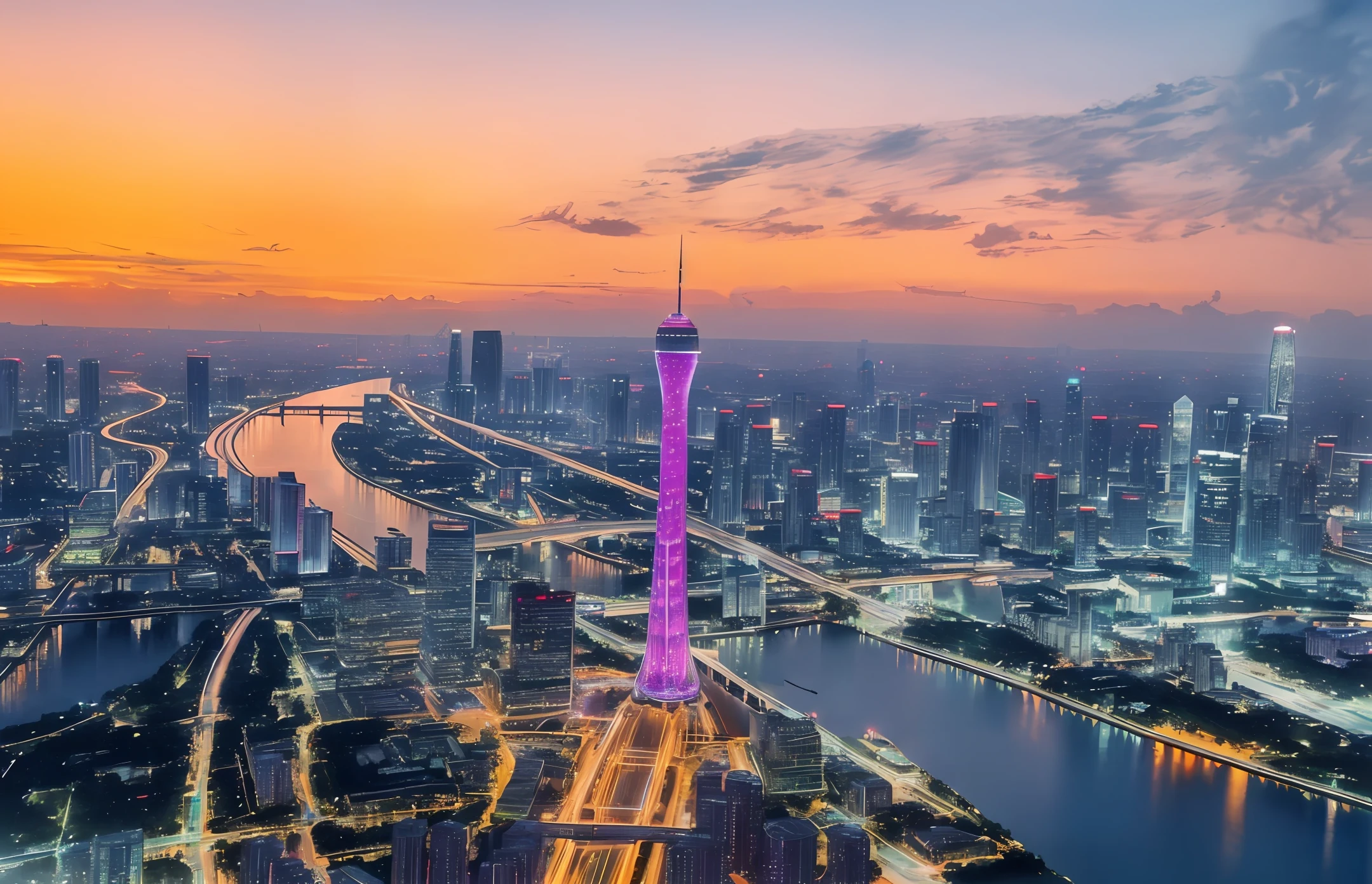 Night cityscape with river and bridges, Guangjian, Guangzhou, Canton Tower in Guangzhou city, colorful tech city background with lights flashing. Beautiful image, amazing image, Zha Shibiao, hou china, high quality image &quot;Ultra wide field of view of cityscape, beautiful city in the future, beautiful cityscape, smart buildings, sci-fi buildings, skyscrapers. Science and technology city background , Hou Ci, with a city in the background. Colorful clouds, stunning clouds, inspired by Makoto Shinkai&#39;s popular concept art and masterpieces on pixiv, stunning reflection effects, farsightedness (wide-angle lens), detail enhancement. Super high Resolution (authenticity: 1.4), super high quality, extremely detailed CG Unity 8k wallpapers, aesthetics, award winning photography, photorealistic, high detail, intricate, travel art. Remove blur, best quality