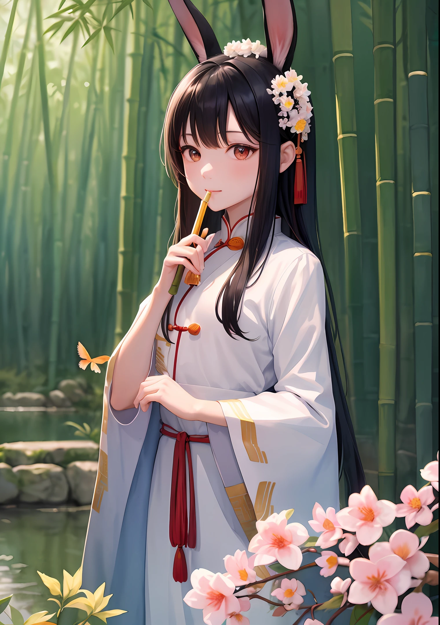 ((tachi-e)), original,(illustration:1.1),(best quality),(masterpiece:1.1), (extremely detailed CG unity 8k wallpaper:1.1),(ecchi0.5), (trees:0.5) , (flower: 0.6), (bird: 0.2), (bamboo 0.1), lake, (panorama: 1.4), (whole body: 1.05), (solo: 1.2), (splash ink), (splash color), ((watercolor )), clear sharp focus,{ 1girl },((chinese style )),(flowers,woods),outdoors,rocks,looking viewer,make happy expressions,soft smile,pure,beautyfull detailed face and eyes,long hair,black hair, rabbit mask, flute, bamboo leaves, night, wuchangshuo, wuchangshuo in the background