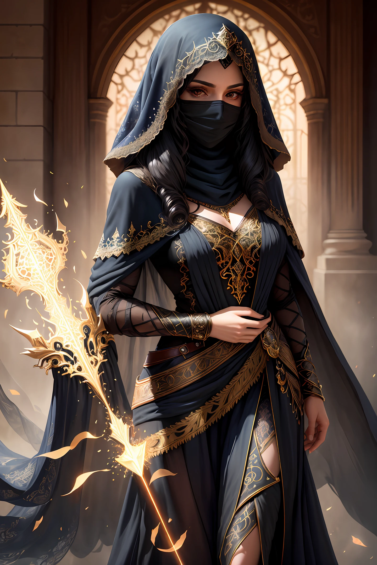 1girl, portrait of beautiful young lady, sorceress, black long curly hair, serious, mature, wearing a veil covering her face, coolly dressed, magical, best quality, masterpiece, intricate, volumetric lighting, film, 8k, film lighting, masterpiece , perfect, tone mapped, realistic,