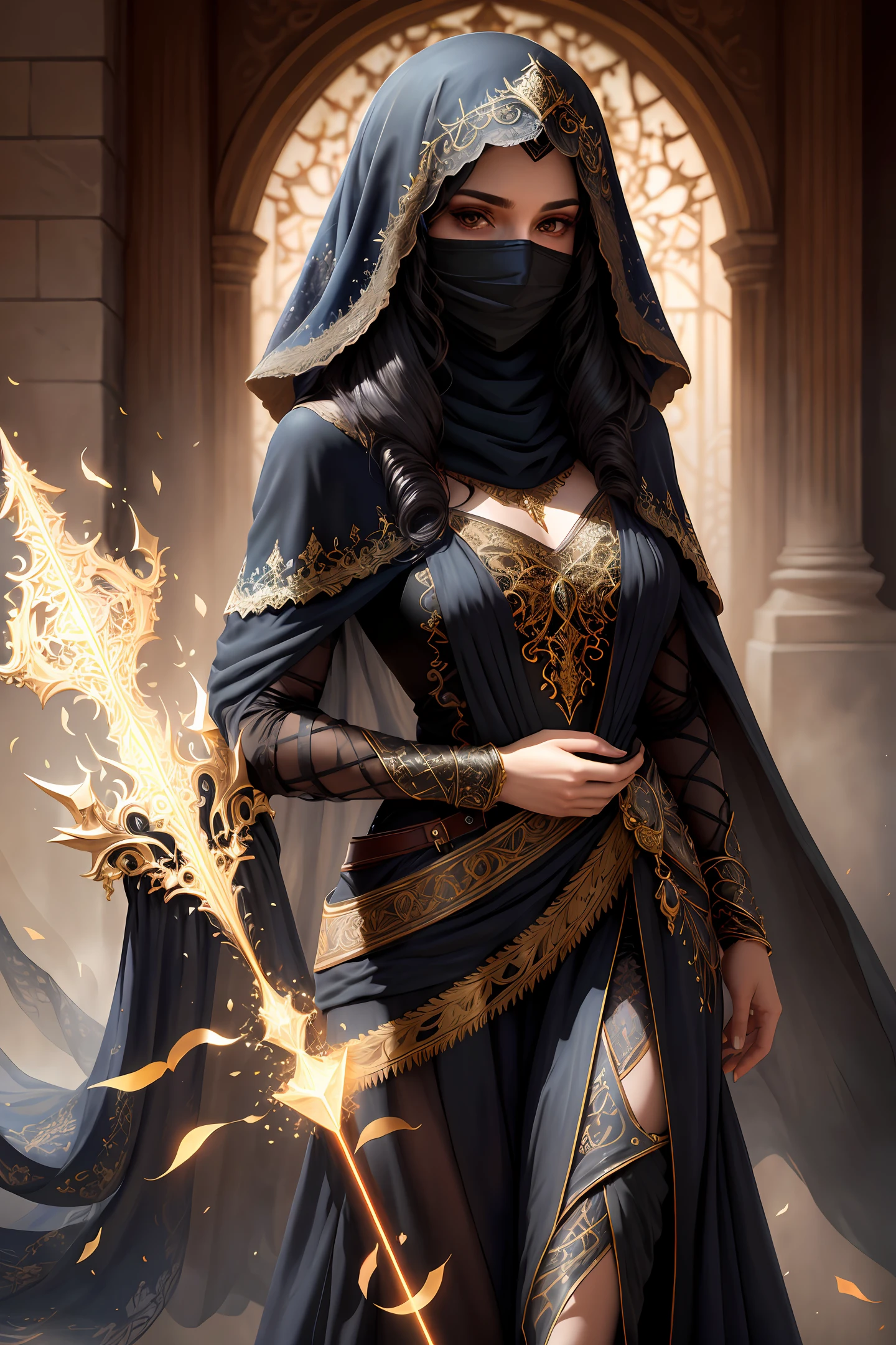 1girl, portrait of beautiful young lady, sorceress, black long curly hair, serious, , wearing a veil covering her face, coolly dressed, magical, best quality, masterpiece, intricate, volumetric lighting, film, 8k, film lighting, masterpiece , perfect, tone mapped, realistic,