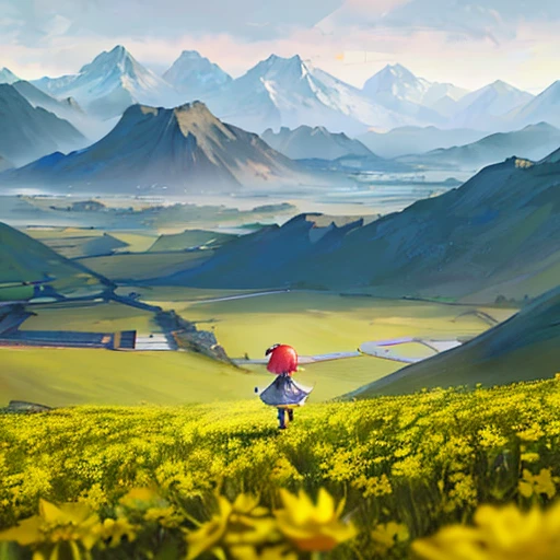 There is a little girl and a cat walking in a field of yellow flowers, photo by Karl Völker, shutterstock, gamut, with a yellow cloth, in a field of flowers, standing in a field of flowers, osr, standing in a field of flowers, yellow, in a field of flowers, mustard greens , yellow cute digital painting, art for kids in artstation, guweiz style artwork, realistic cute girl painting, Leng Mei, cute detailed digital art, Zeng Jing, cute digital art female explorer mini cute girl, by Yang J, Beautiful digital illustration fidelity, (full body close-up: 1.2), (from the back, above the shoulders: 1.4), red hair, very detailed, accessories, (enter a world of surreal mirrors with beautiful mystical landscapes, mountains: 1.3 ) tree silhouettes, (backward facing: 1.5)