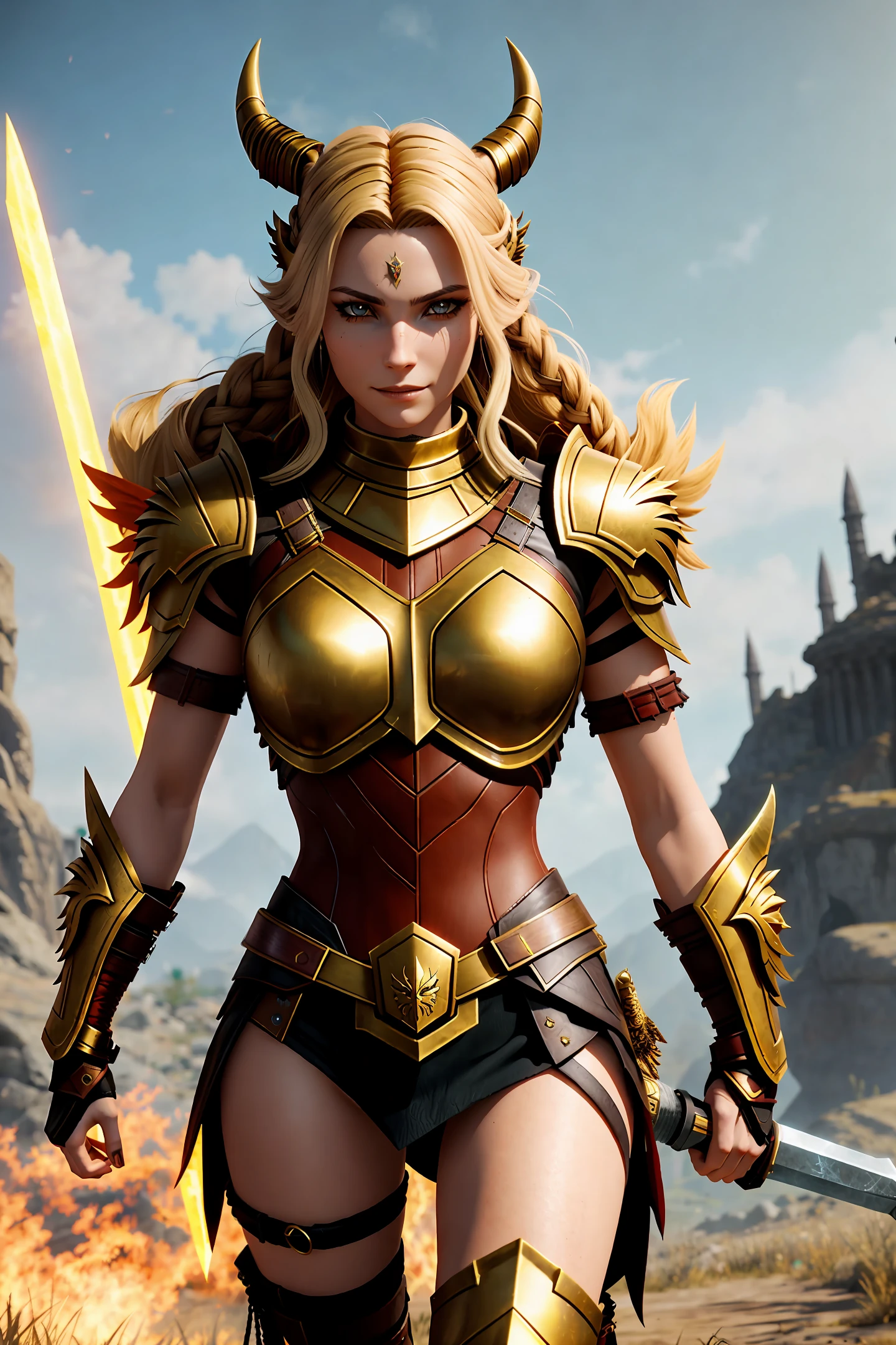 walking with cerberus, valkyrie, Gold armor, berserker potrait, female barbarian, fantasy art, From her look alone enemies starting to panic, one head,devilish smile, Hell beast, demon, white-fire Sky, warrior, with scythe and shield, beutiful, women, Werelion, long braided blond Hair, glowing gold eyes, realisitic, highly detailed, Unreal Engine, 8k-upscale