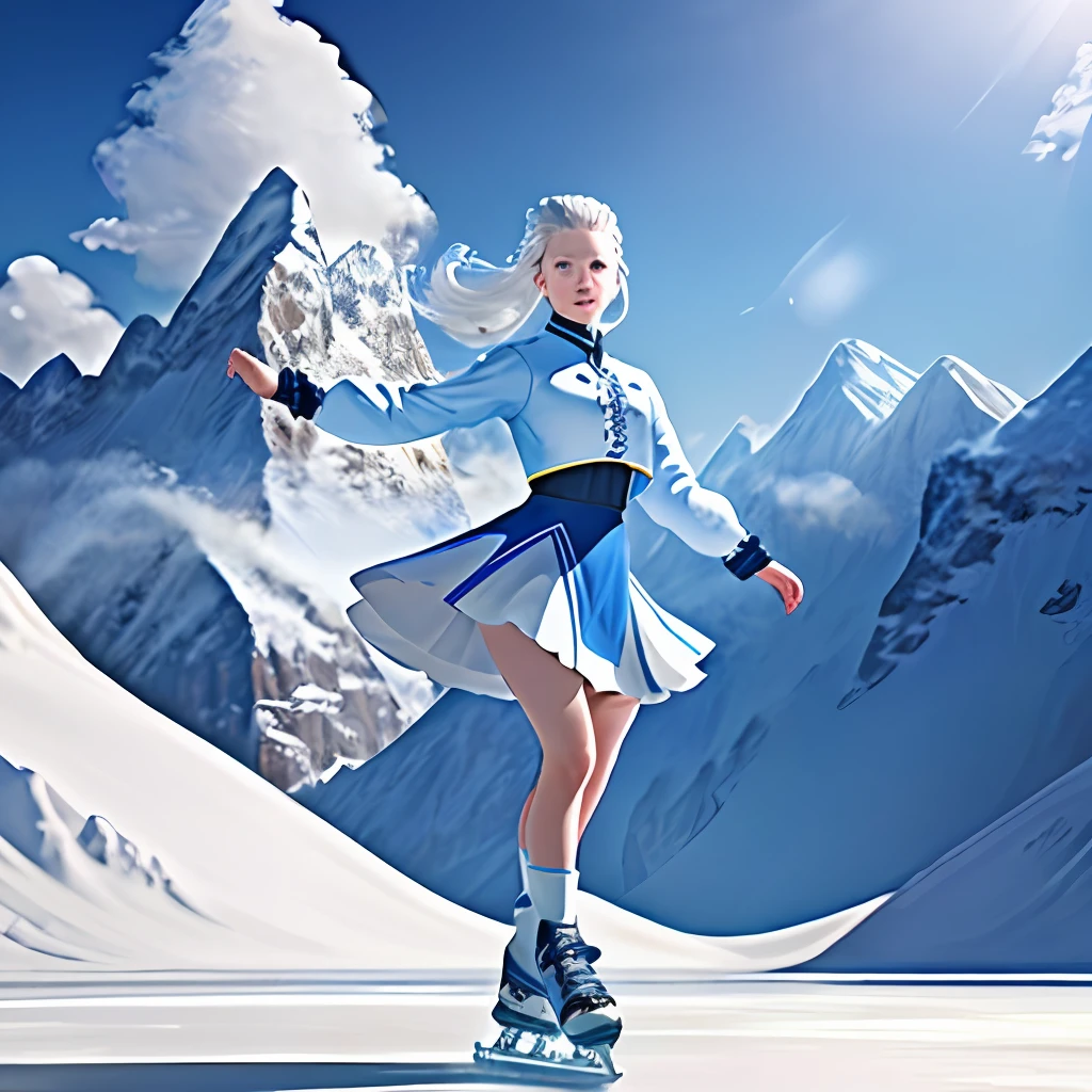 Snow mountain background, blue sky and white clouds, a person wearing skates dancing on the ice, thick ice surface, super high definition, high detail, 8k, film lighting, concept art, super high resolution, cool elements, sports style